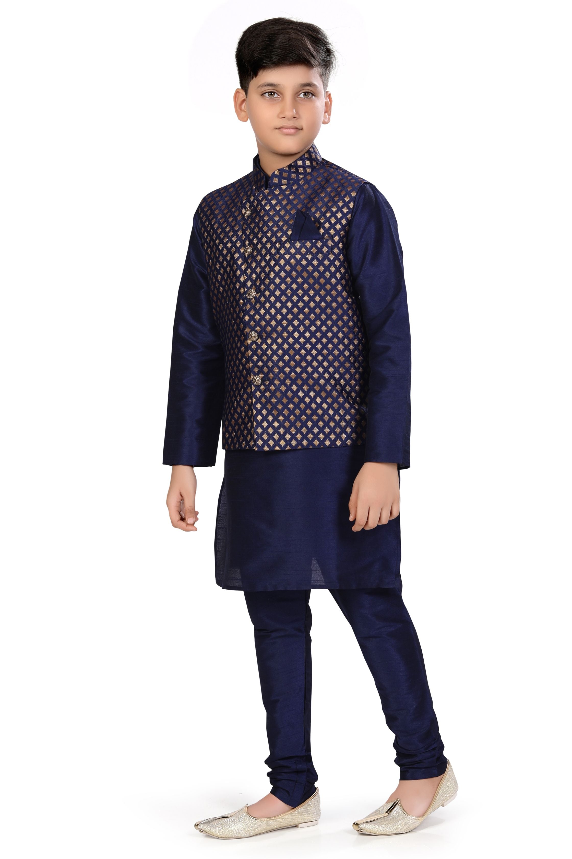 Boys Banarasi Brocade Vest Coat Set in Navy Blue