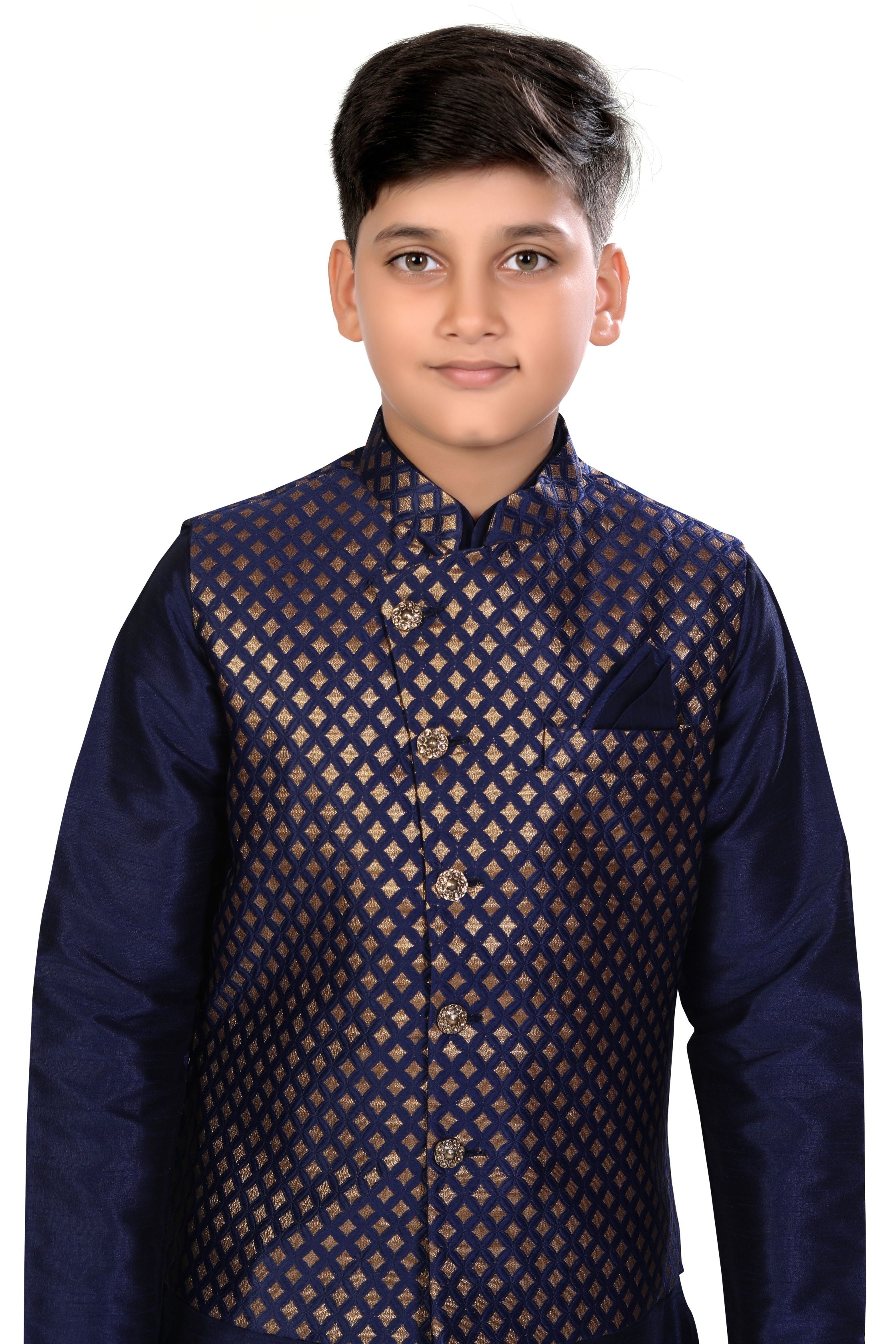 Boys Banarasi Brocade Vest Coat Set in Navy Blue - Premium 3 pieces Vest coat suit from Dapper Ethnic - Just $79! Shop now at Dulhan Exclusives