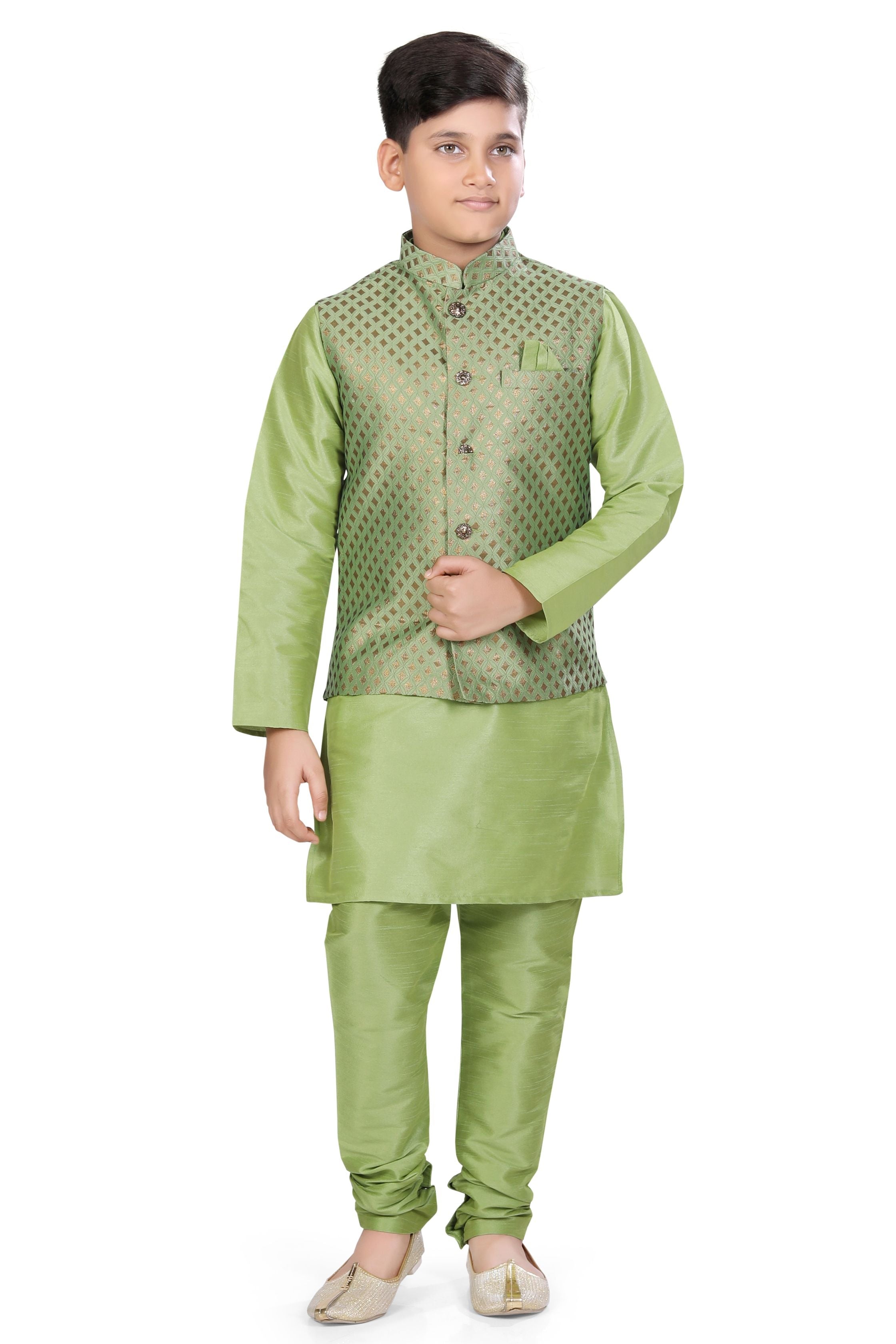 Boys Banarasi Brocade Vest Coat Set in Mint Green Colour - Premium 3 pieces Vest coat suit from Dapper Ethnic - Just $79! Shop now at Dulhan Exclusives