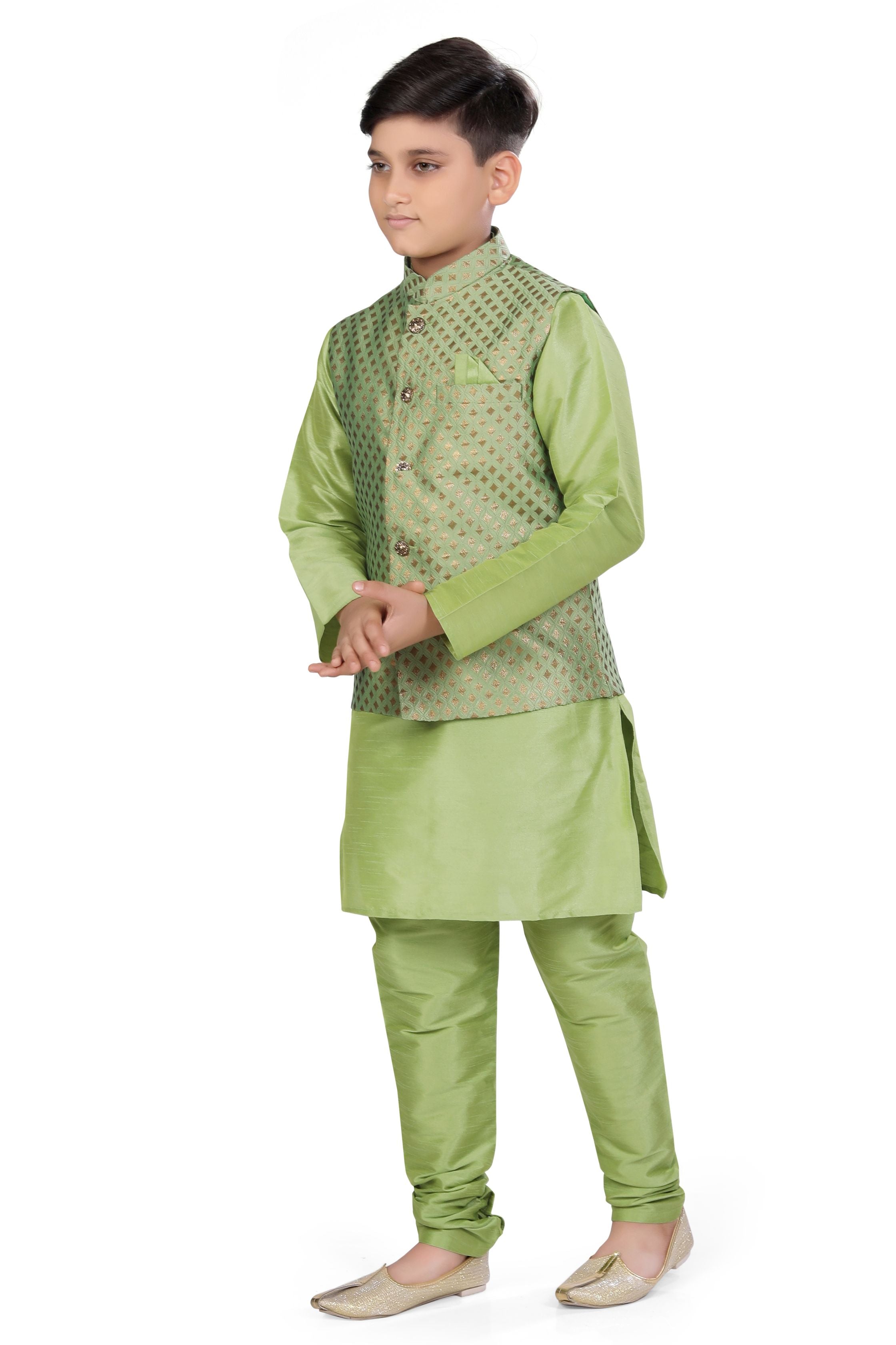 Boys Banarasi Brocade Vest Coat Set in Mint Green Colour