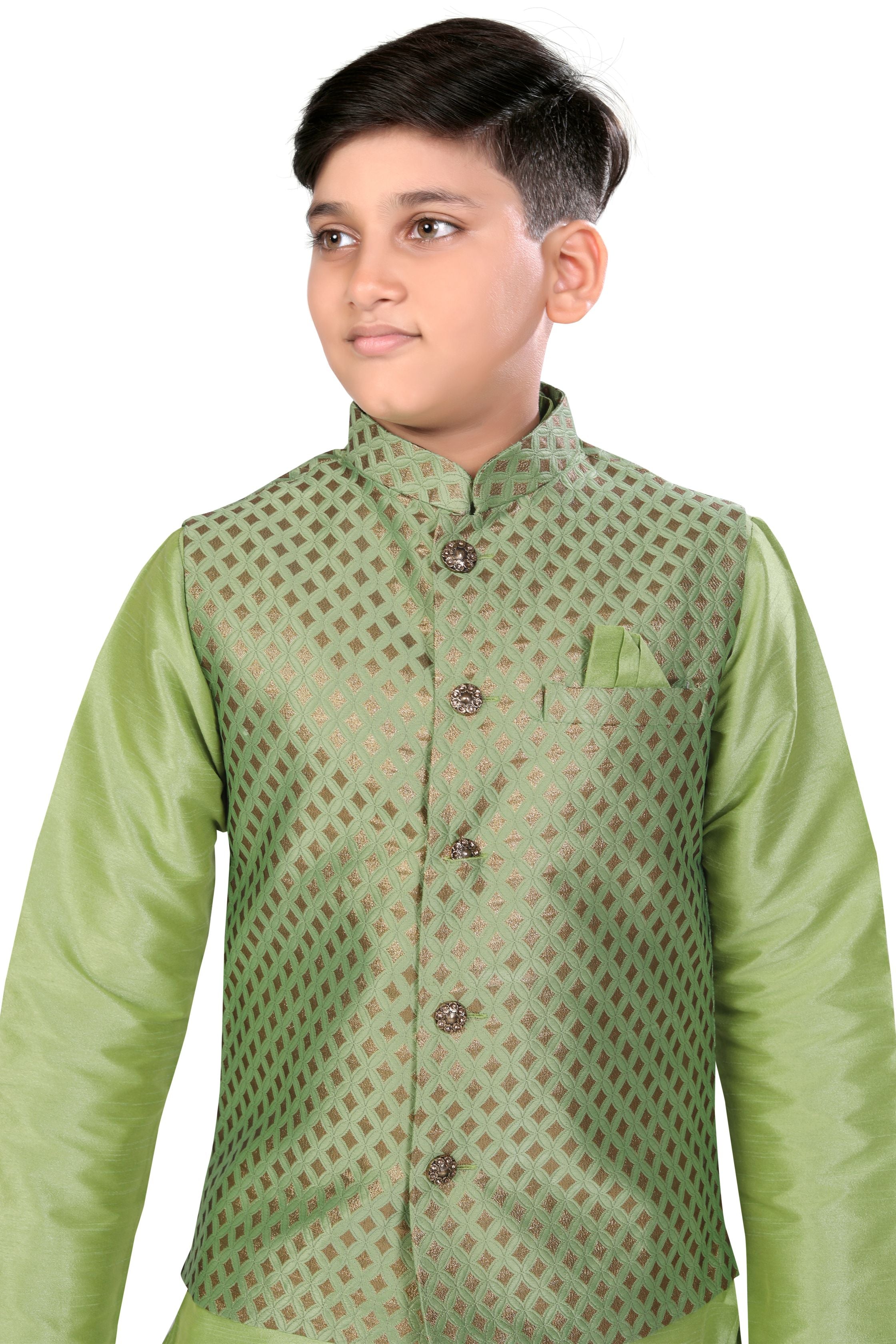 Boys Banarasi Brocade Vest Coat Set in Mint Green Colour