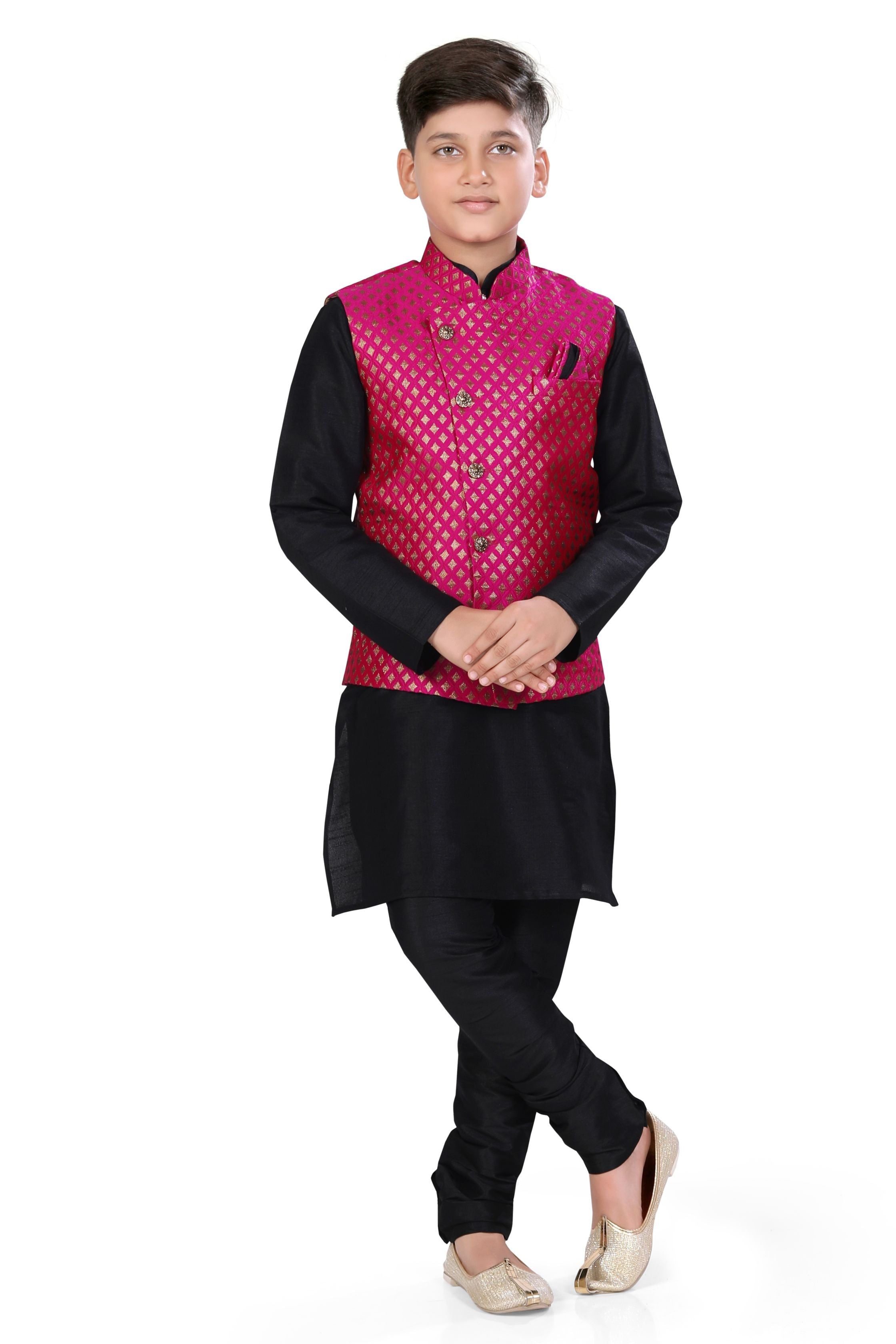Boys Banarasi Brocade Vest Coat Set in Hot Pink Colour - Premium 3 pieces Vest coat suit from Dapper Ethnic - Just $79! Shop now at Dulhan Exclusives