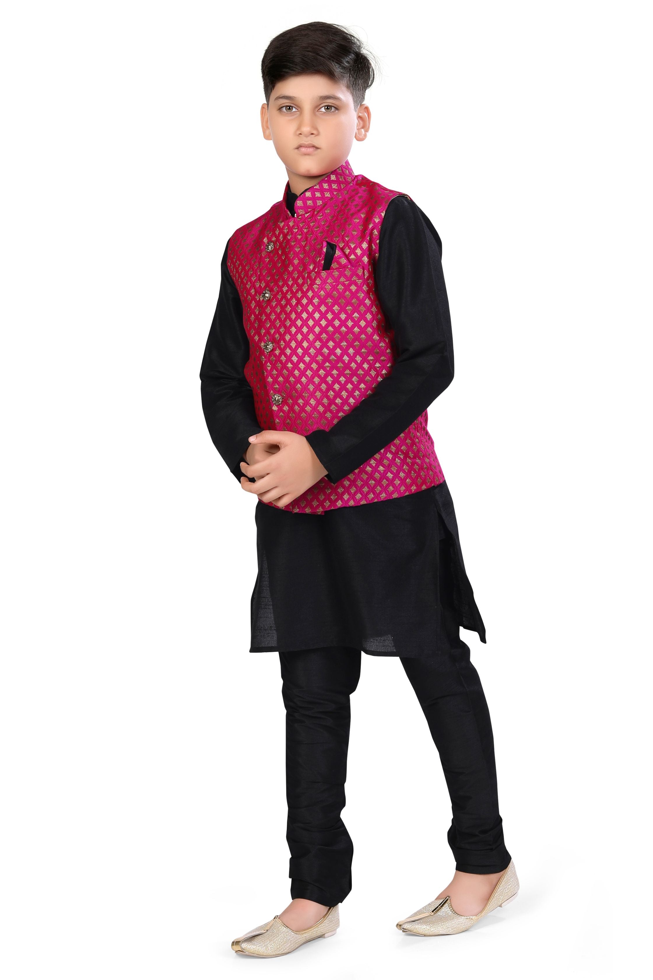 Boys Banarasi Brocade Vest Coat Set in Hot Pink Colour