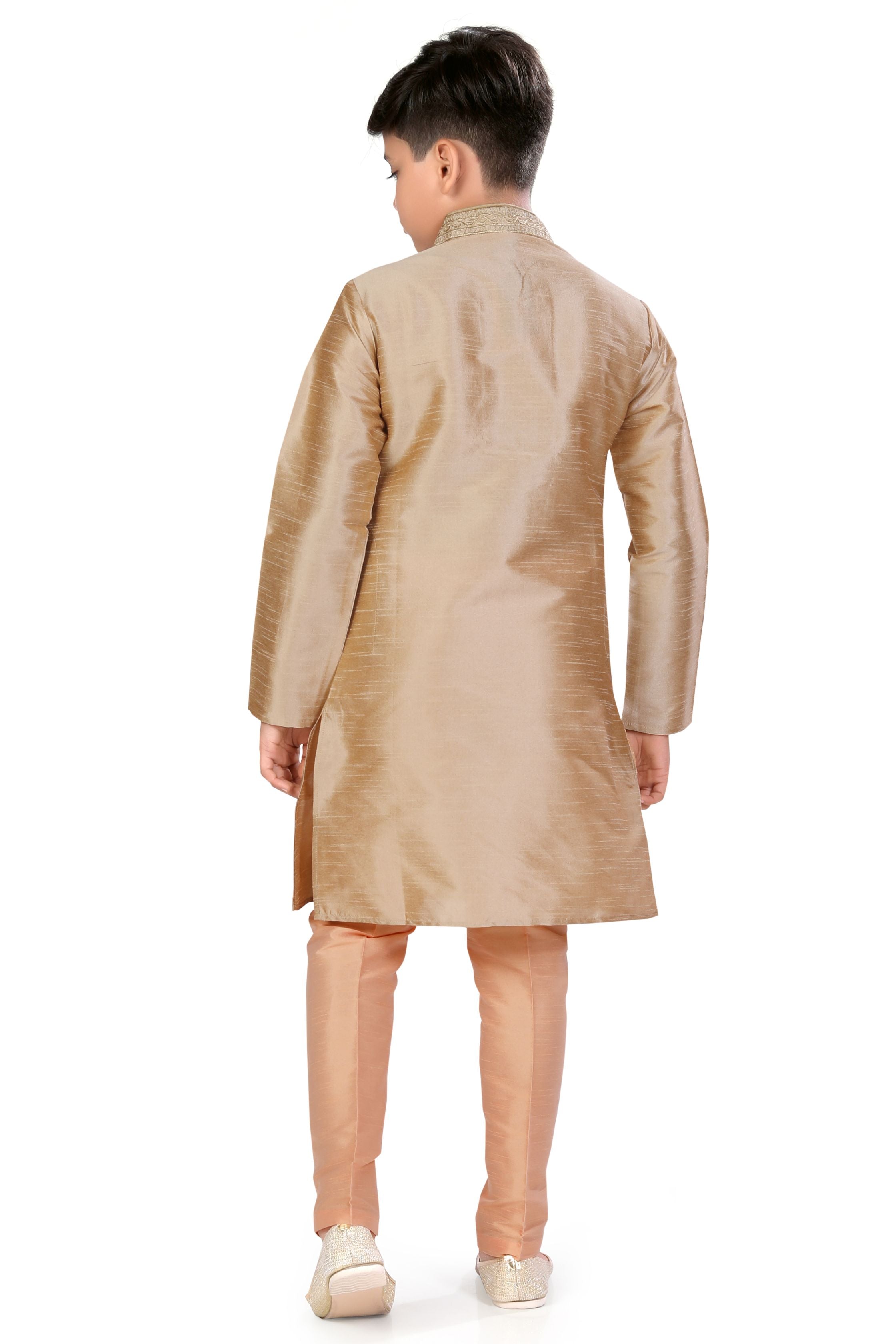 Boys Dupion Silk Embroidered Kurta Pajama Set in Beige Colour - Premium kurta pajama from Dapper Ethnic - Just $55! Shop now at Dulhan Exclusives