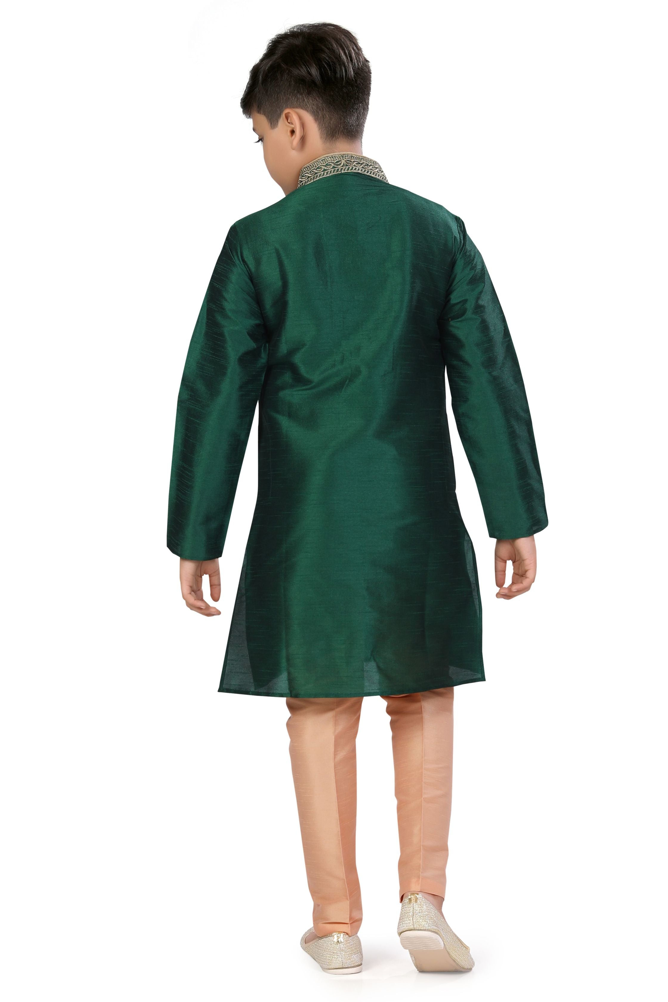 Boys Dupion Silk Embroidered Kurta Pajama Set in Bottle Green Colour - Premium kurta pajama from Dapper Ethnic - Just $55! Shop now at Dulhan Exclusives