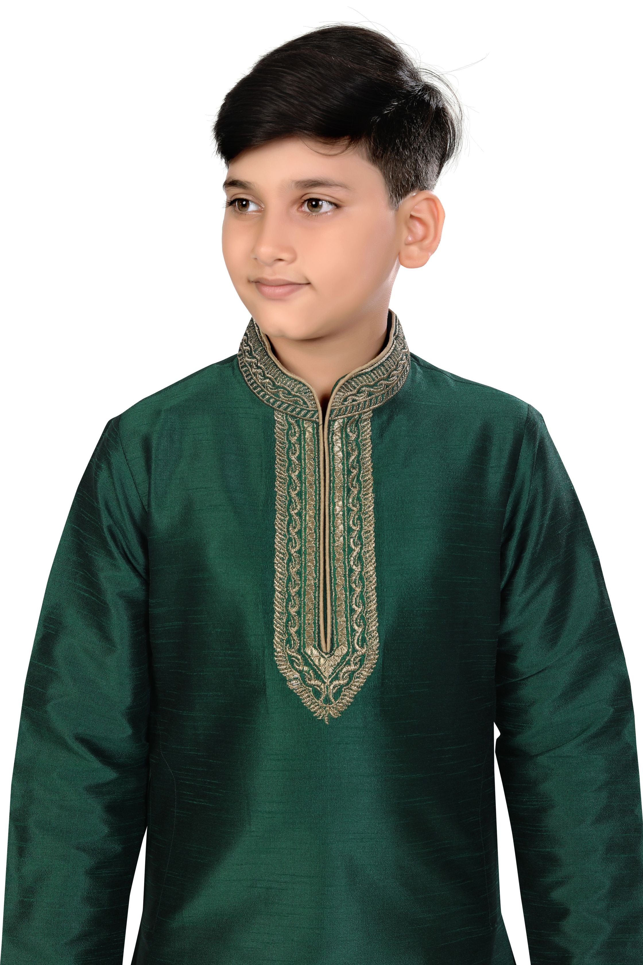 Boys Dupion Silk Embroidered Kurta Pajama Set in Bottle Green Colour