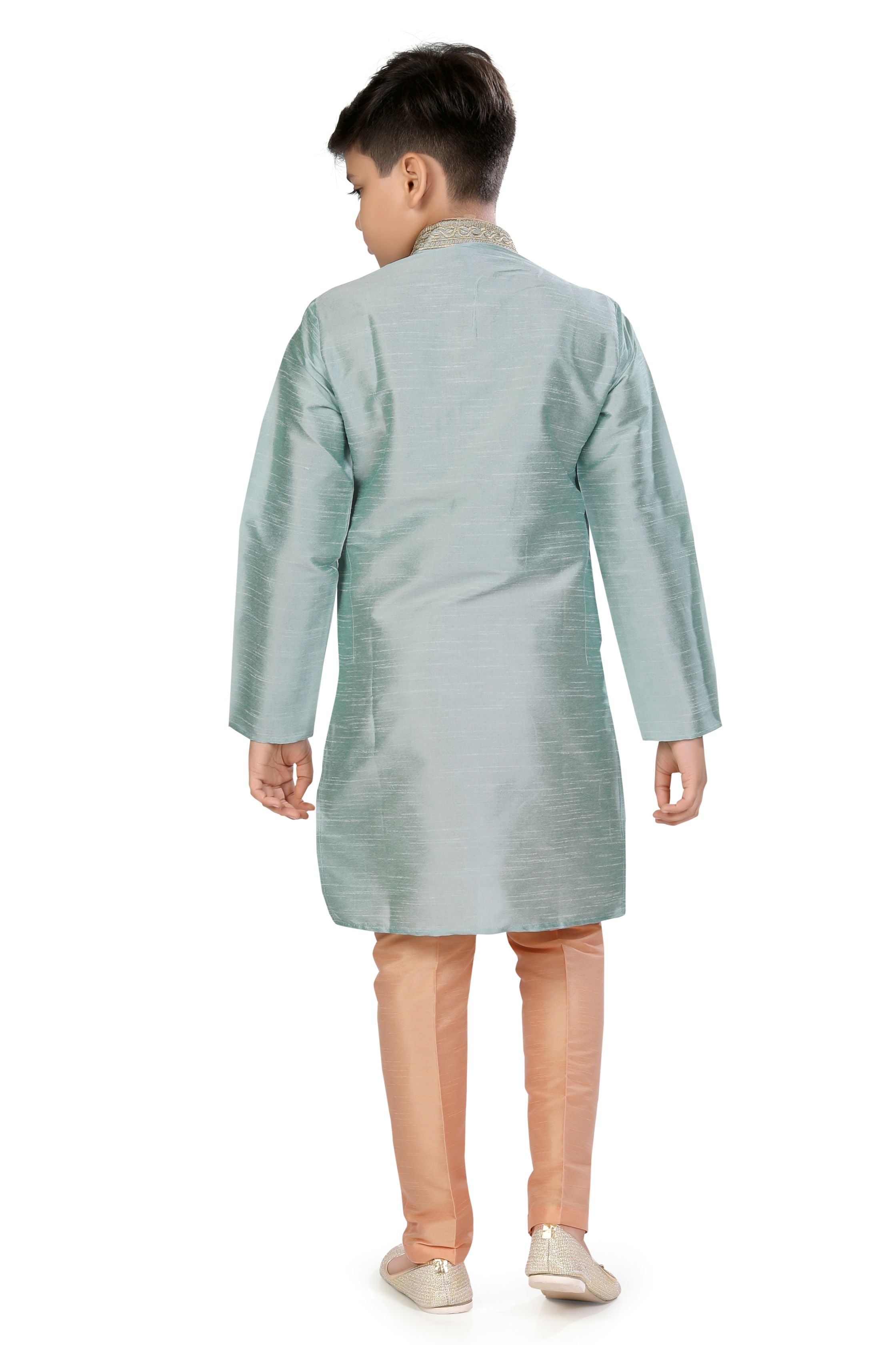 Boys Dupion Silk Embroidered Kurta PaJama Set in Sea Green Colour - Premium kurta pajama from Dapper Ethnic - Just $55! Shop now at Dulhan Exclusives