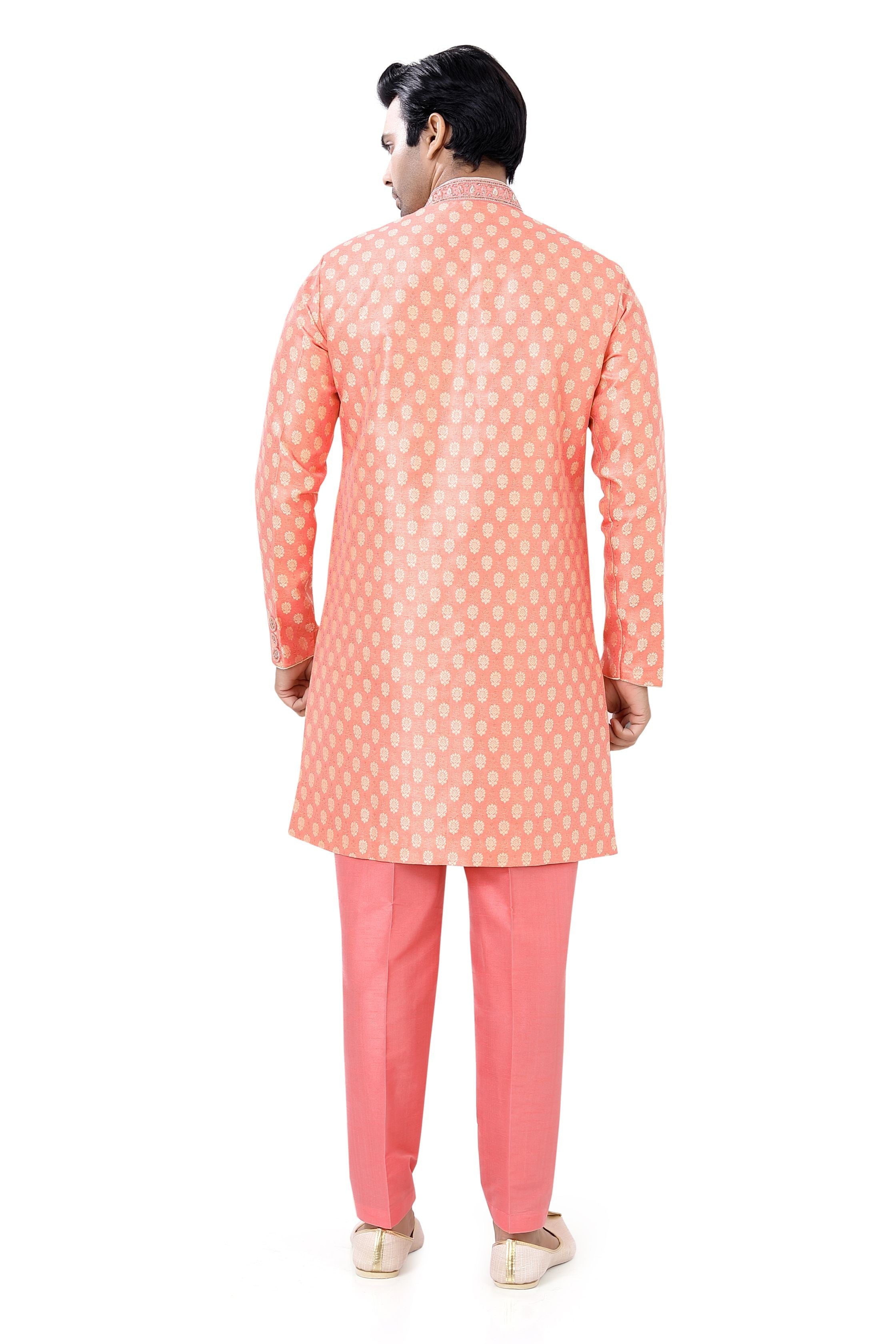 Brocade silk Indo western in Coral Pink