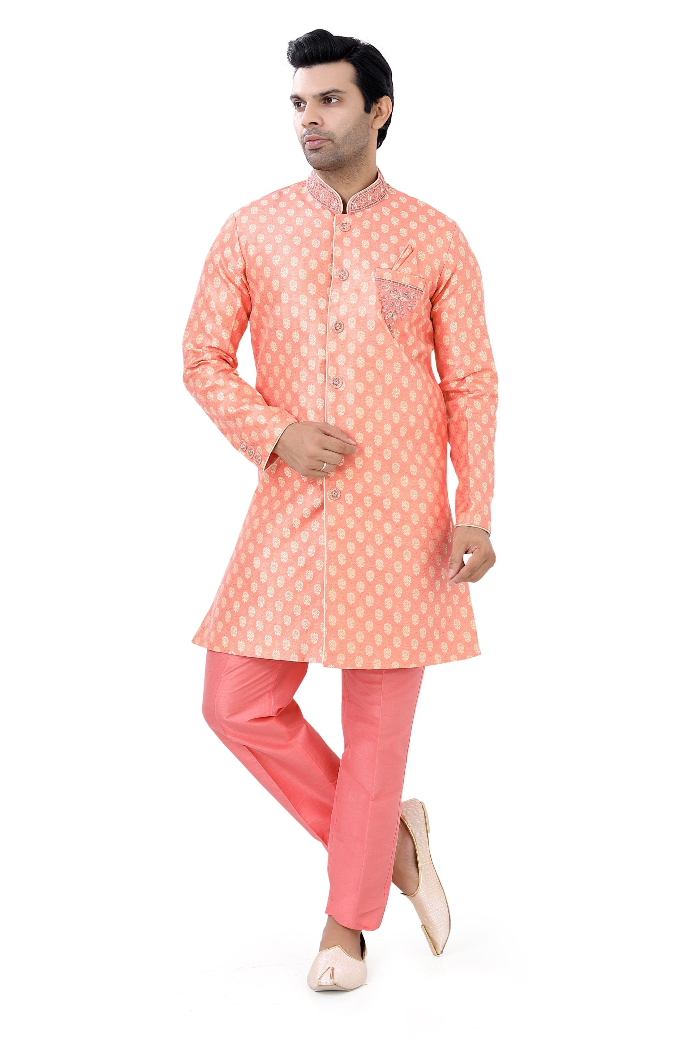 Brocade silk Indo western in Coral Pink