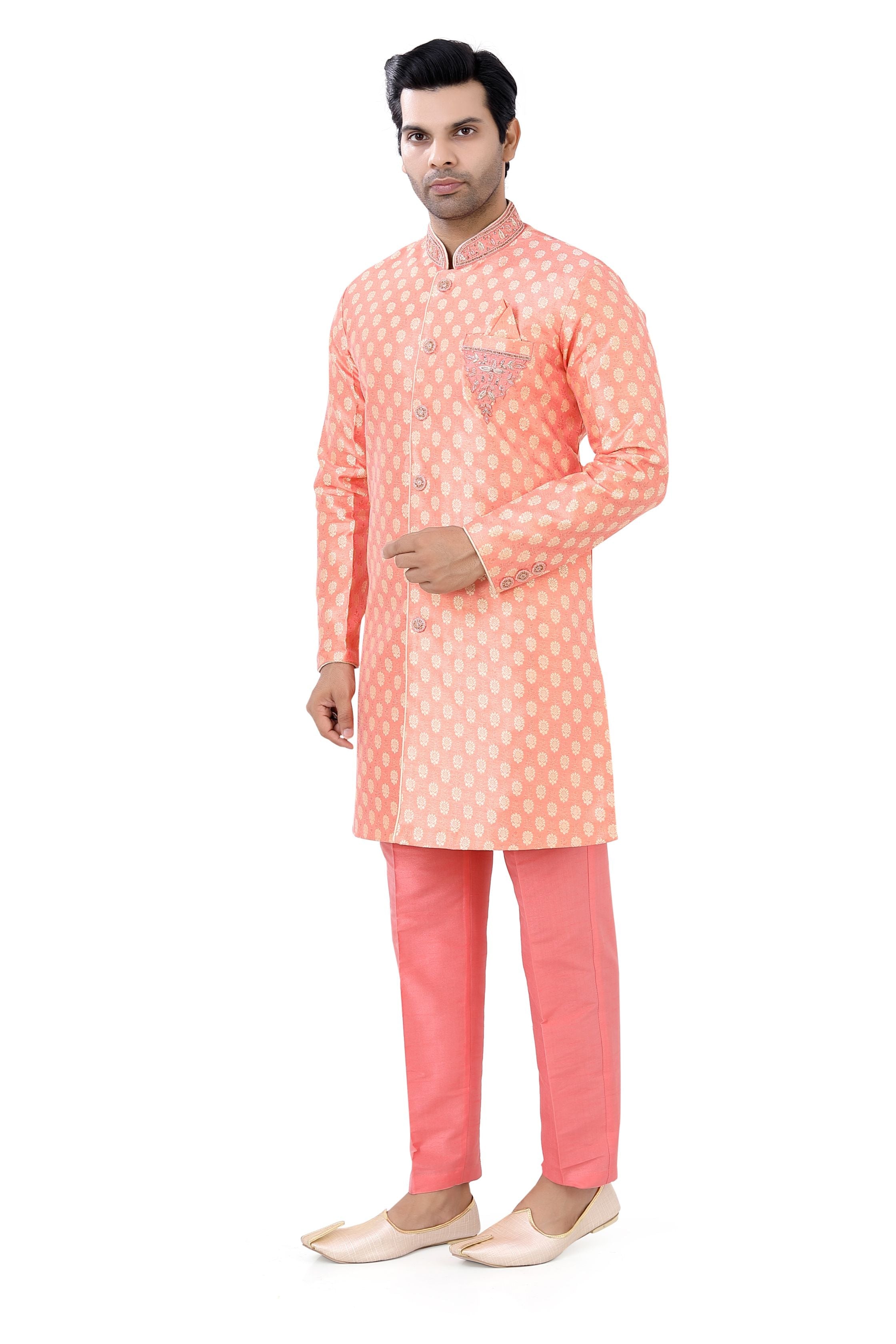 Brocade silk Indo western in Coral Pink