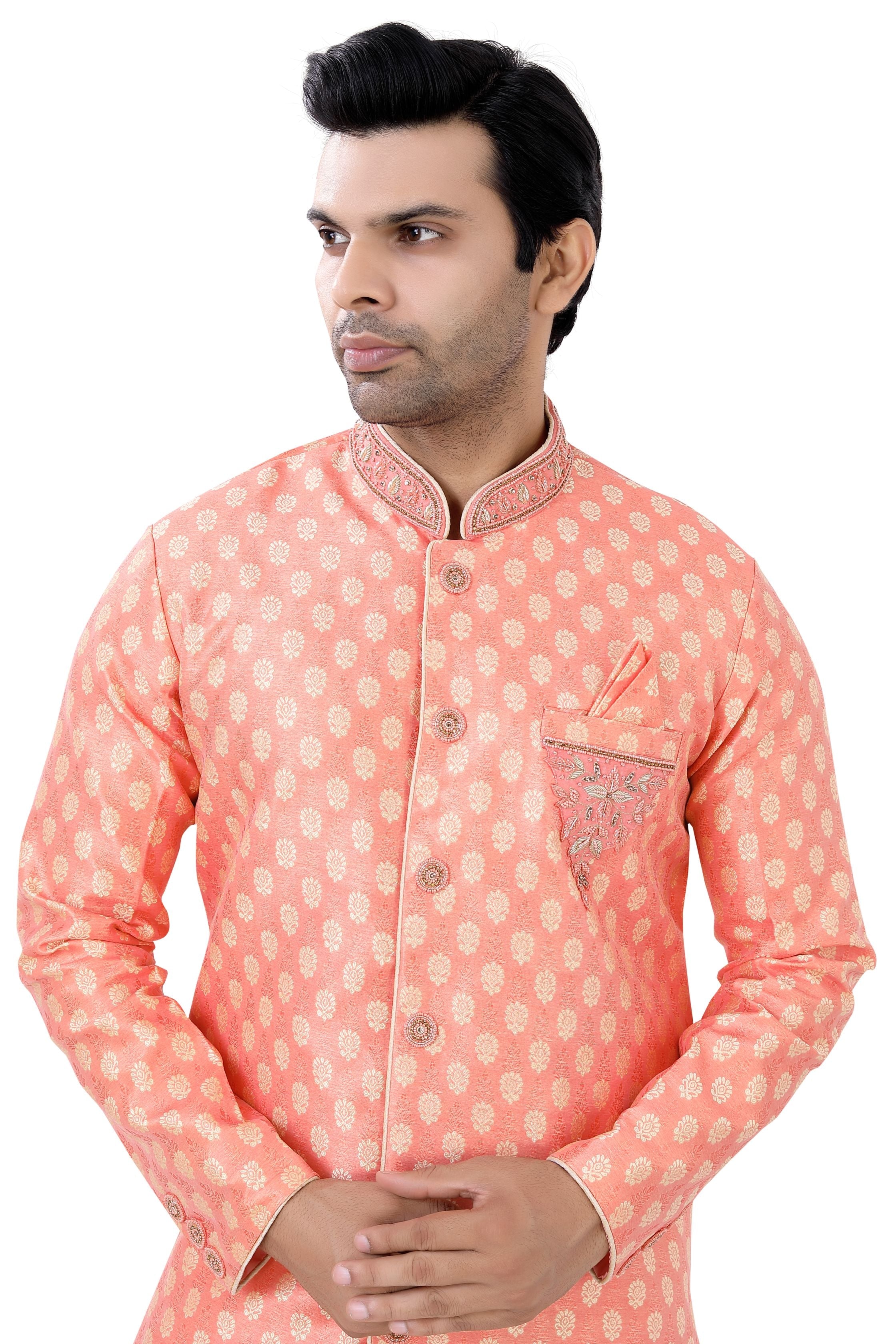 Brocade silk Indo western in Coral Pink