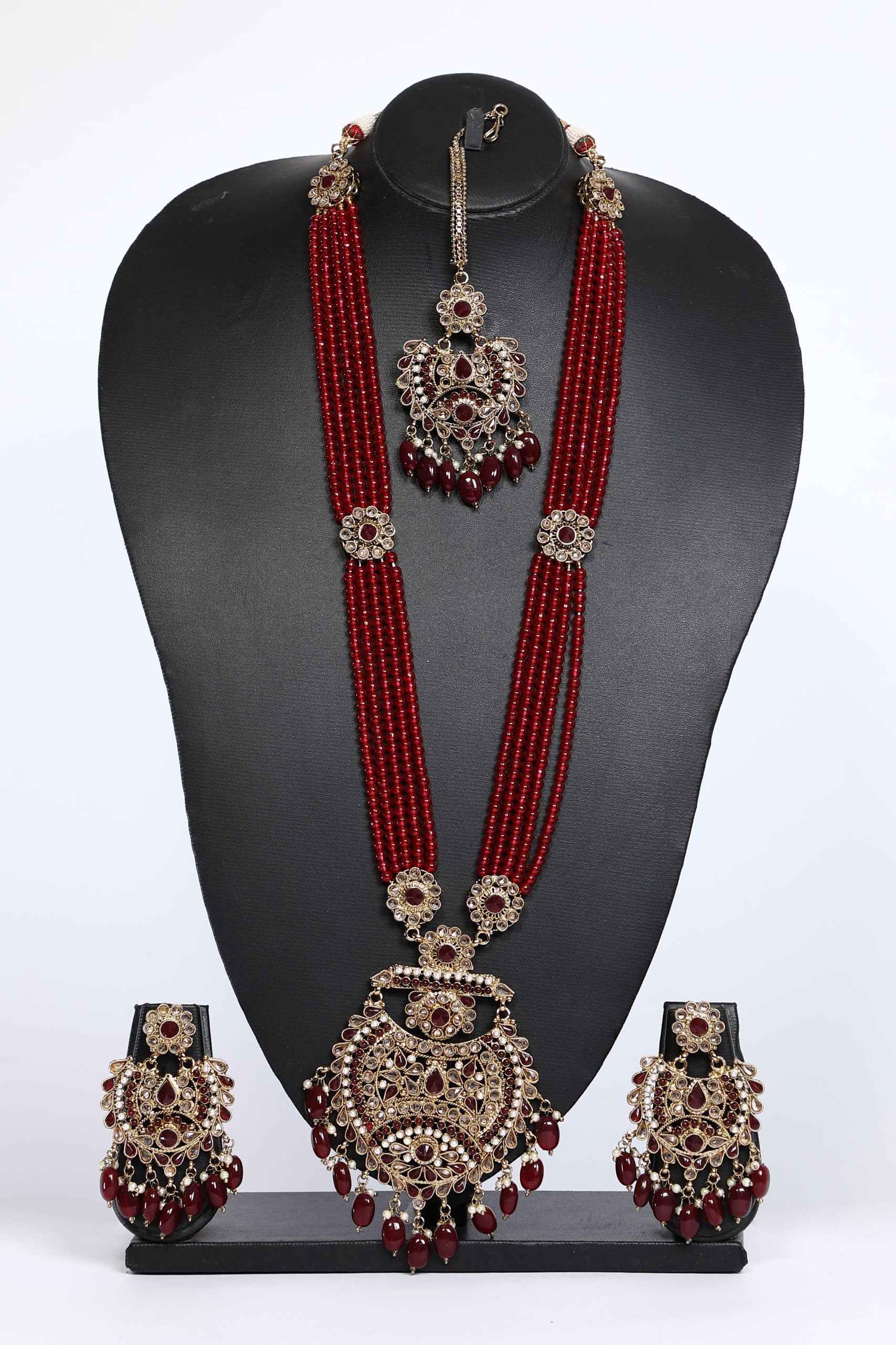 Beaded Long Necklace Set in Maroon Color For Bridal - 3594