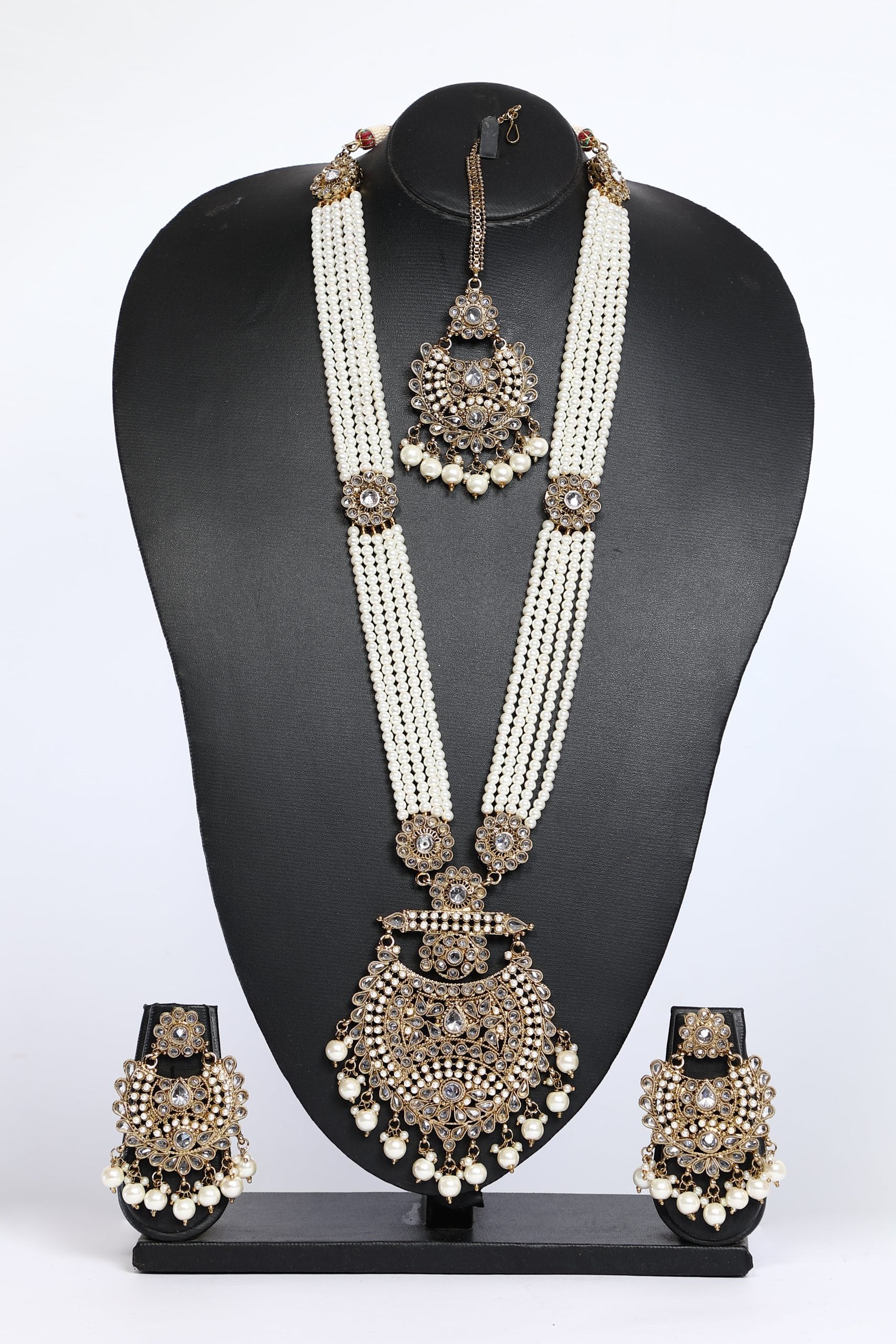Beaded Long Necklace Set in White Color For Bridal - 3594