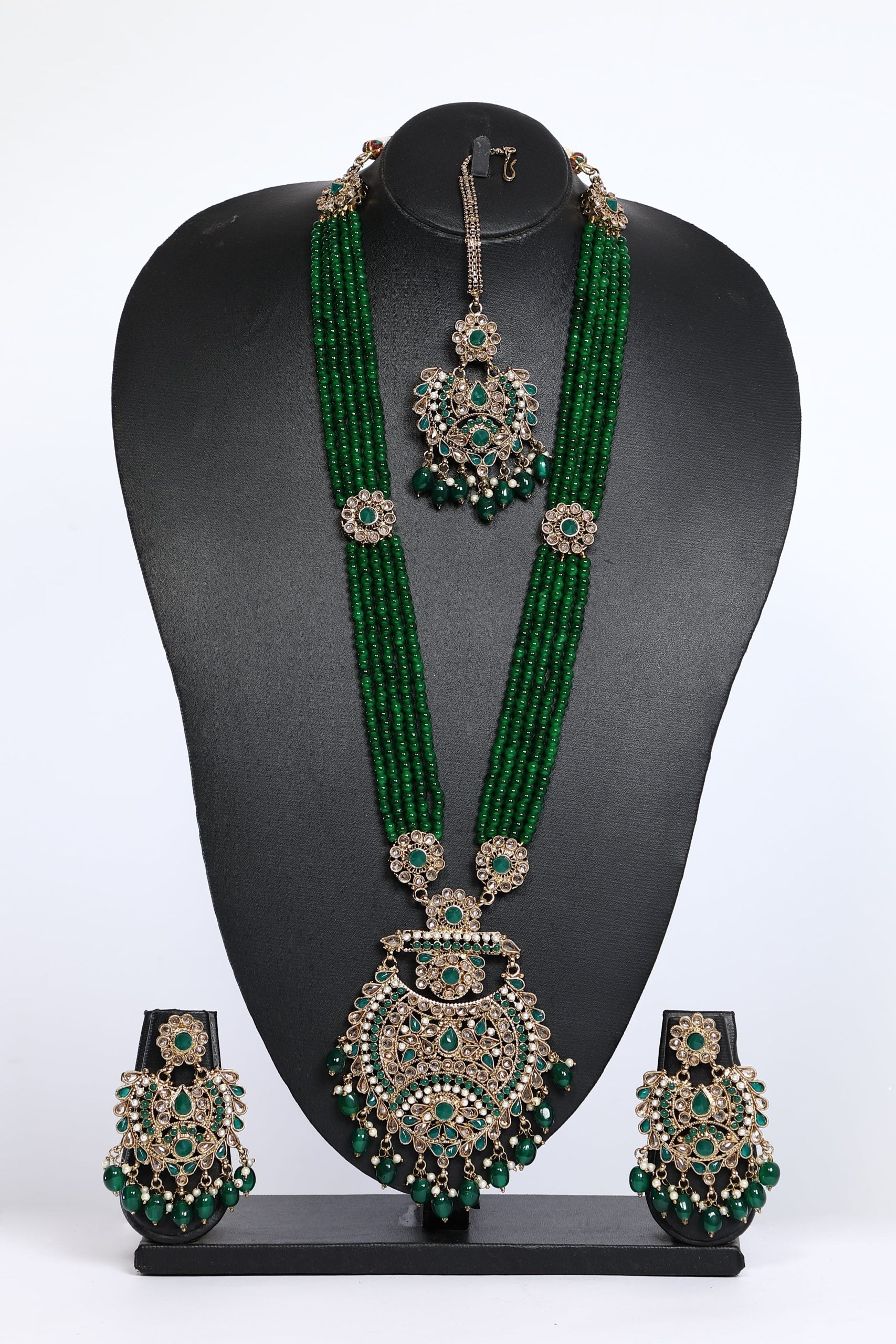 Beaded Long Necklace Set in Green Leaf Color For Bridal - 3594