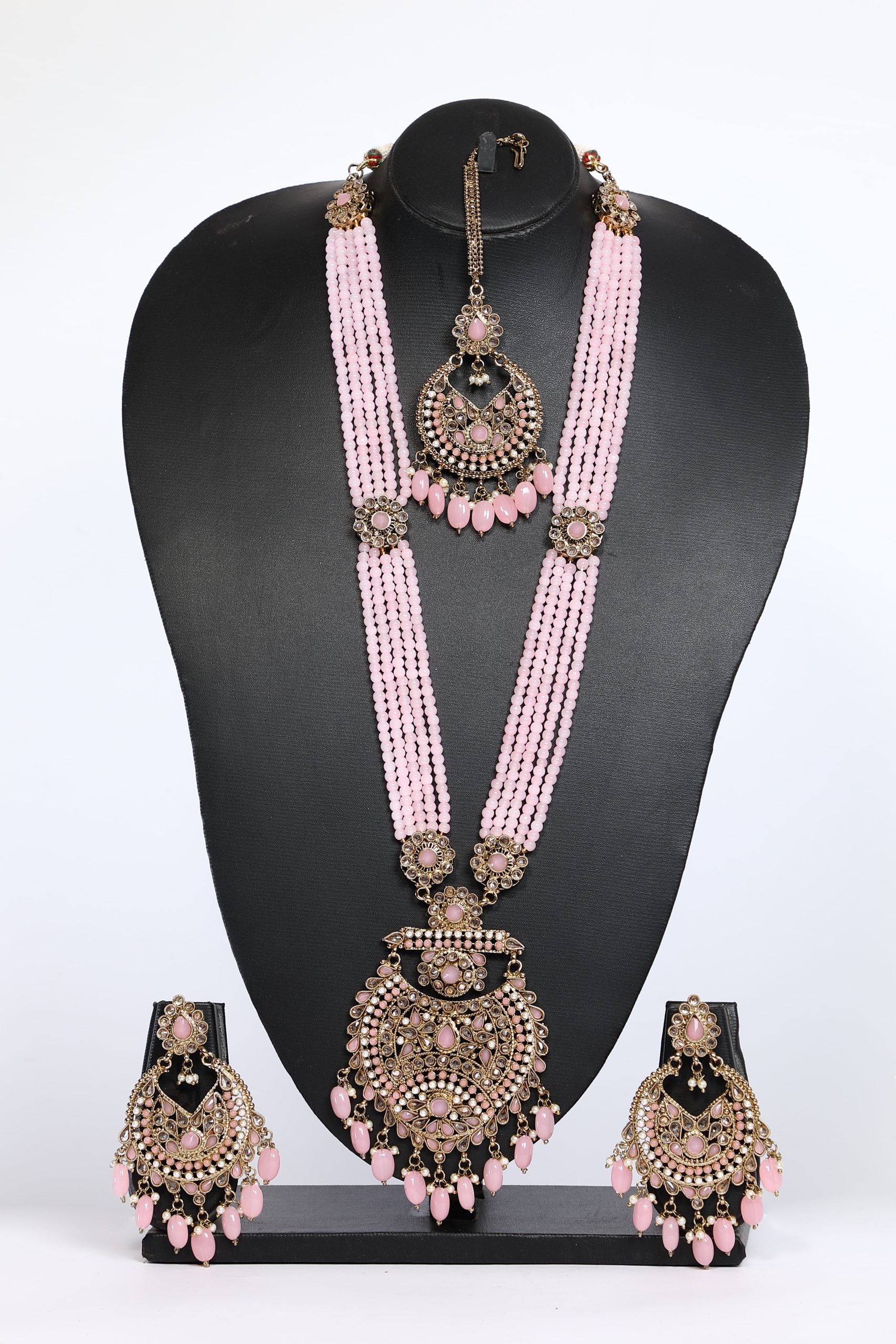 Beaded Long Necklace Set in Baby Pink Color For Bridal - 3594