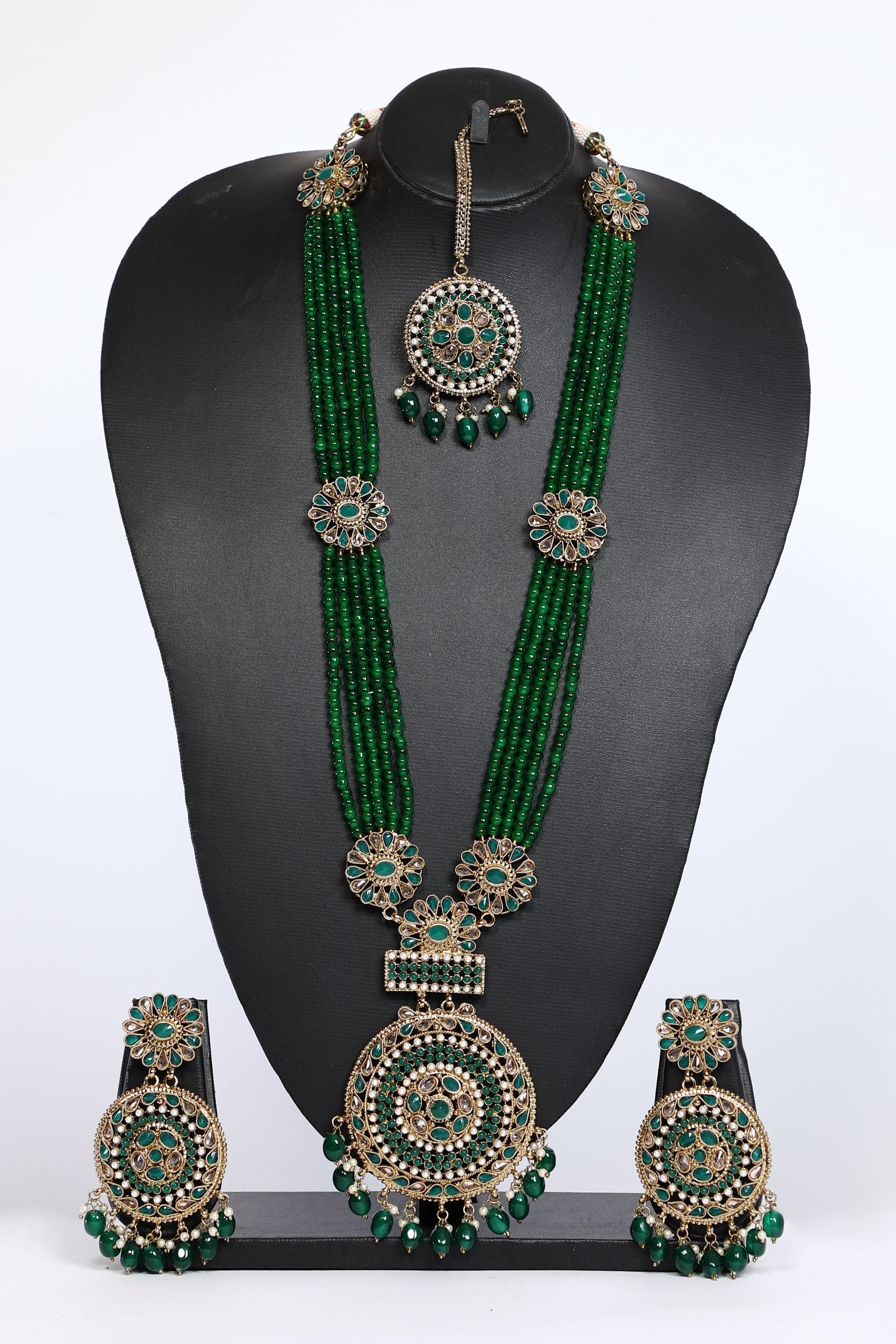 Beaded Long Necklace Set in Green Leaf Color For Bridal - 3582