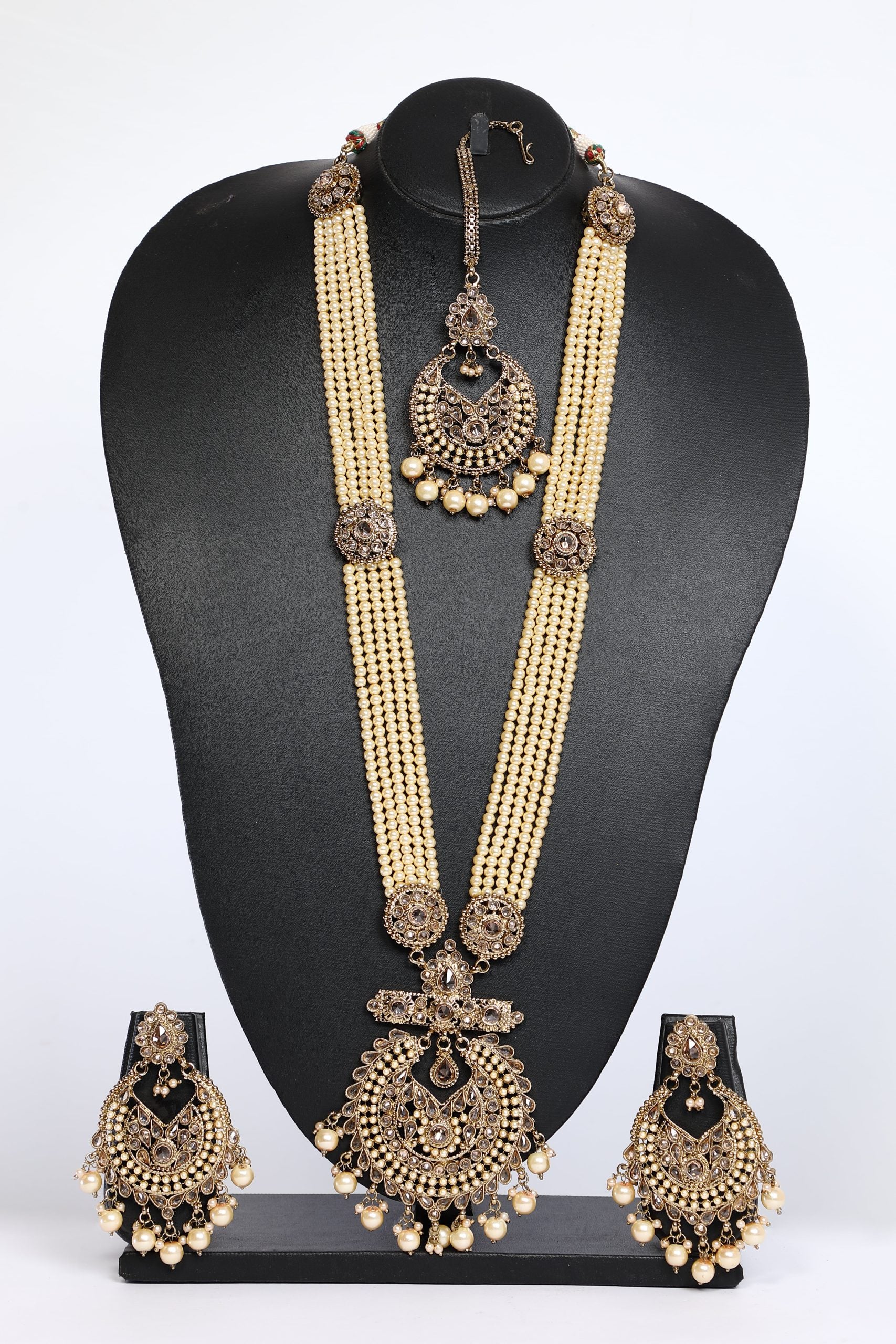 Beaded Heavy Long Necklace Set in Cream Color For Bridal – 3596
