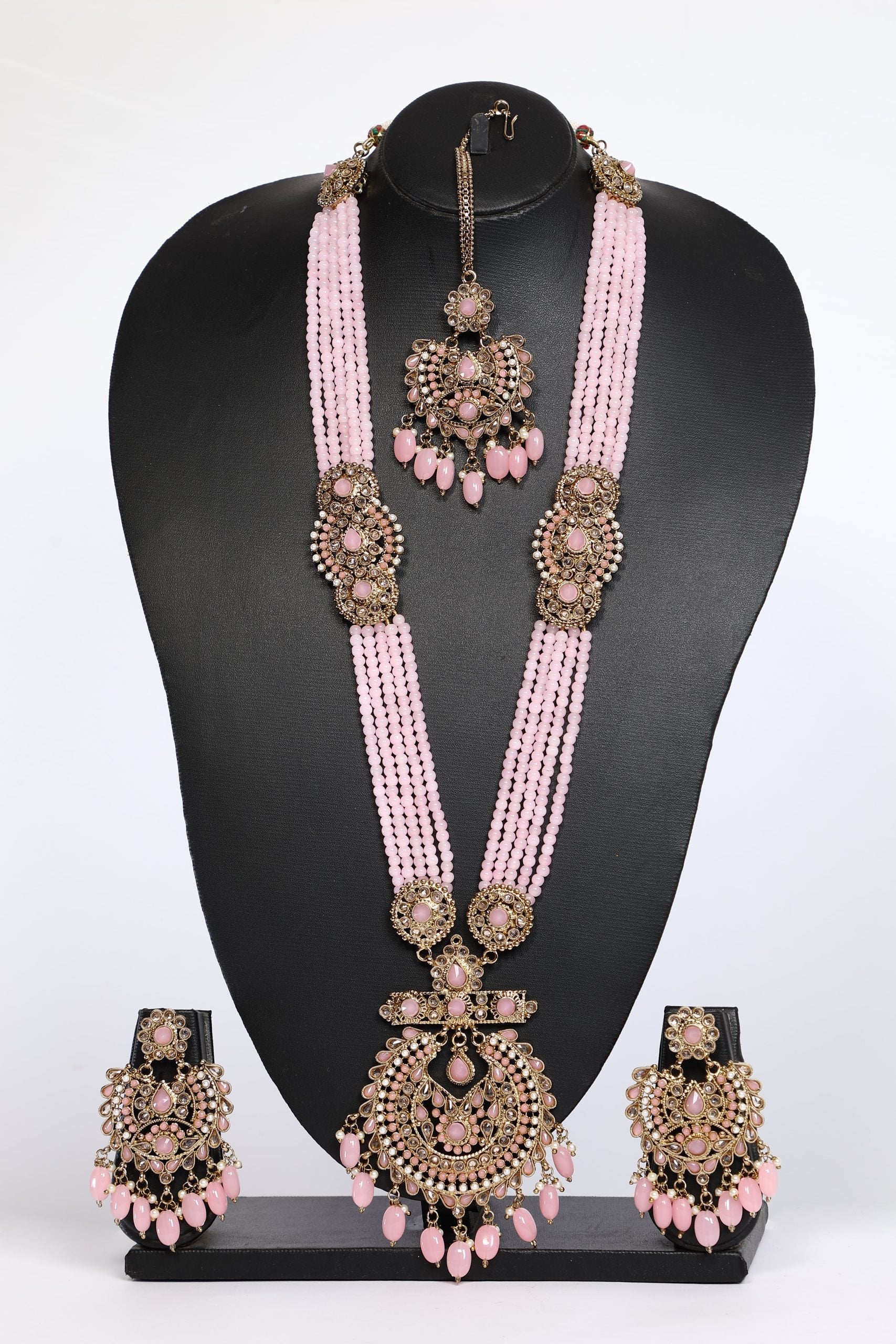 Beaded Heavy Long Necklace Set in Baby Pink Color For Bridal – 3596