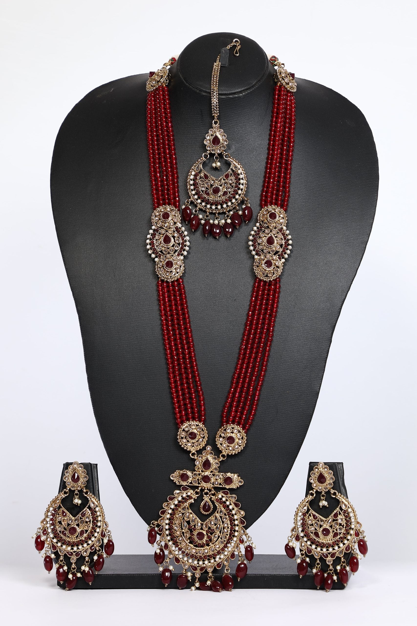 Beaded Heavy Long Necklace Set in Maroon Color For Bridal – 3596