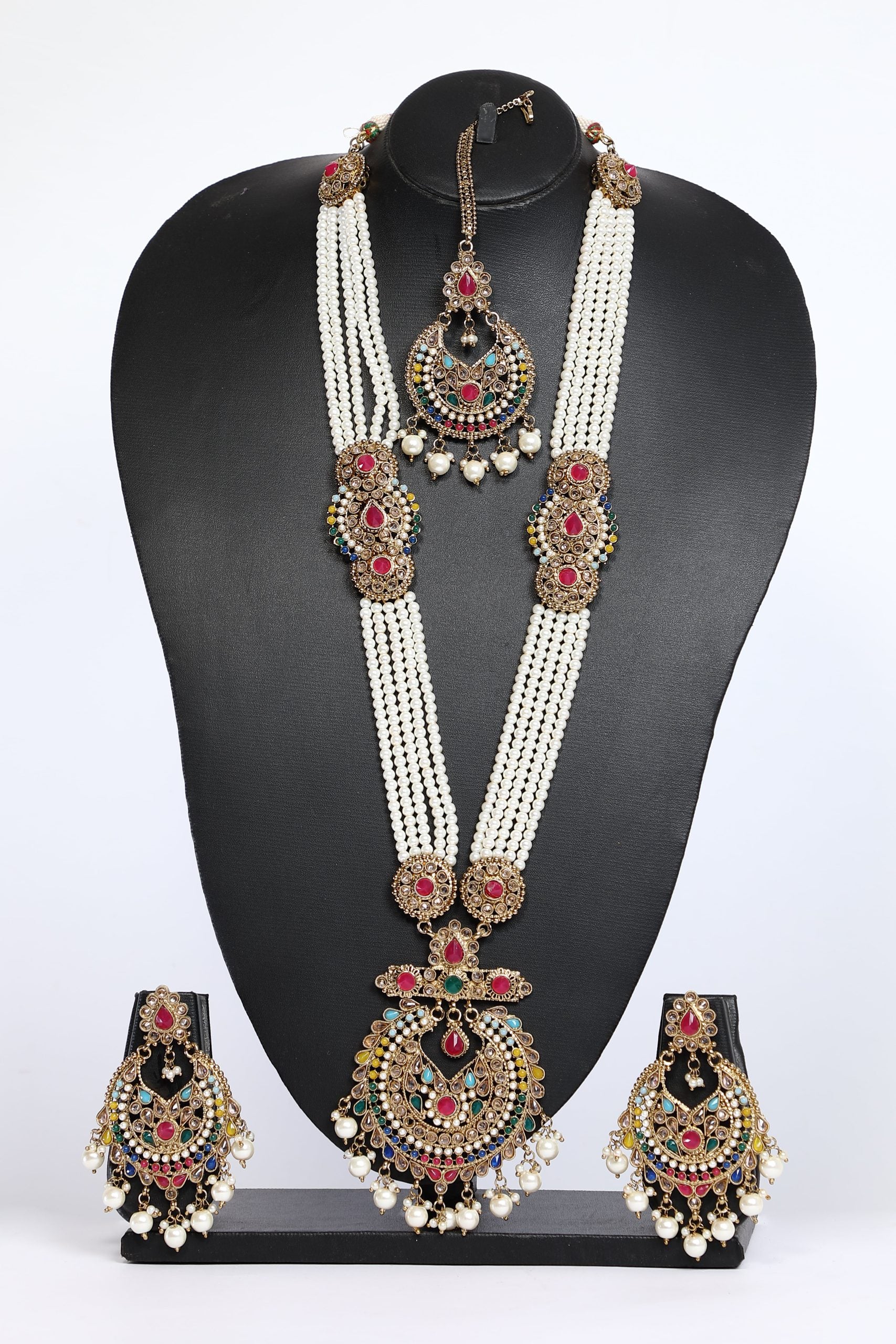 Beaded Heavy Long Necklace Set in White Color For Bridal – 3596