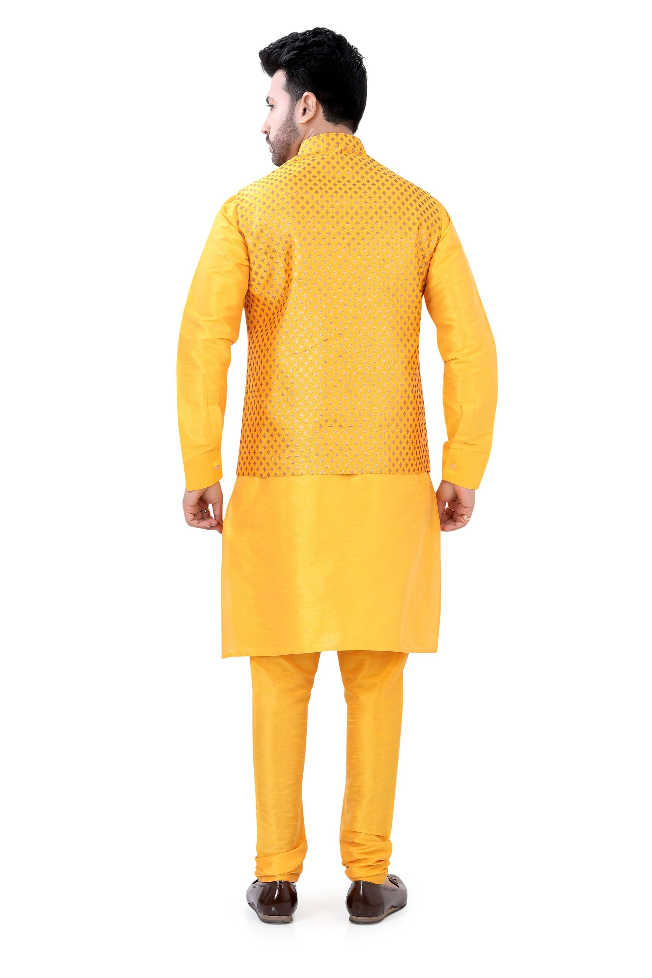 Banarasi Mustard Yellow 3 pieces Vest coat suit