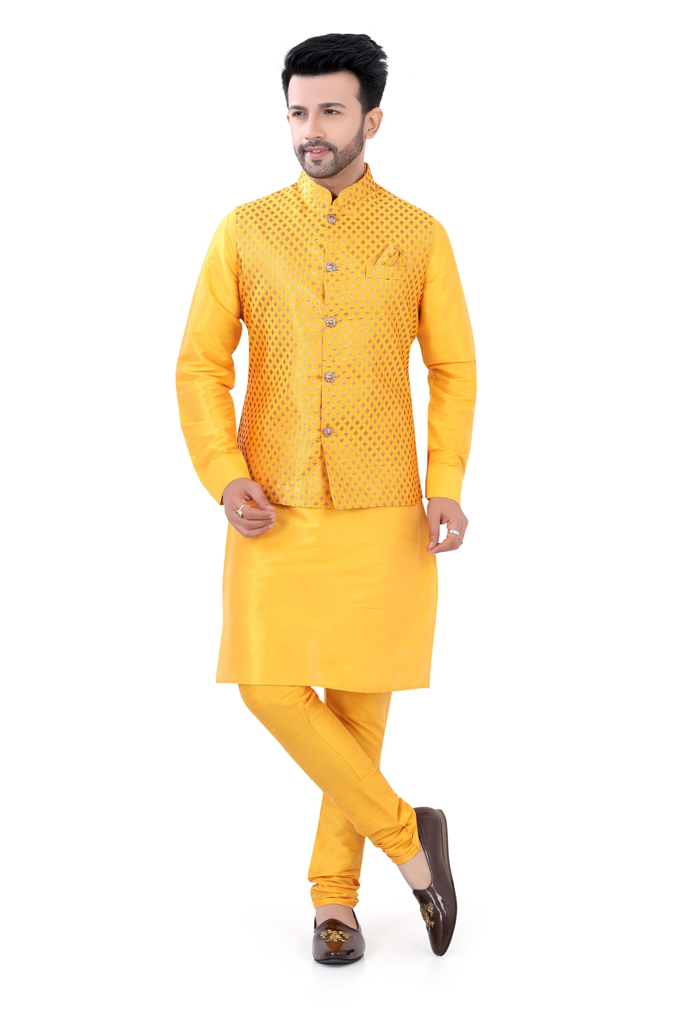 Banarasi Mustard Yellow 3 pieces Vest coat suit