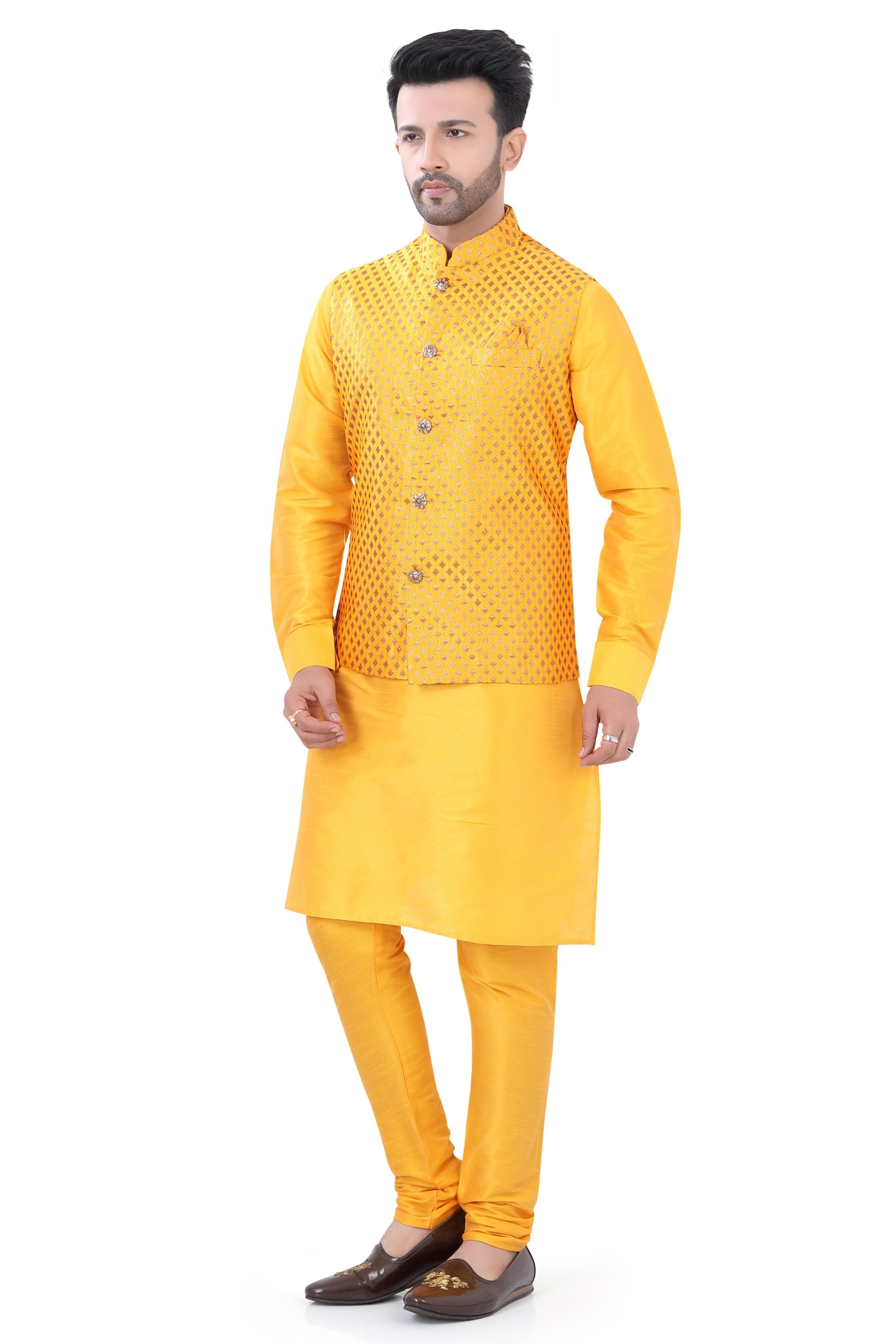 Banarasi Mustard Yellow 3 pieces Vest coat suit