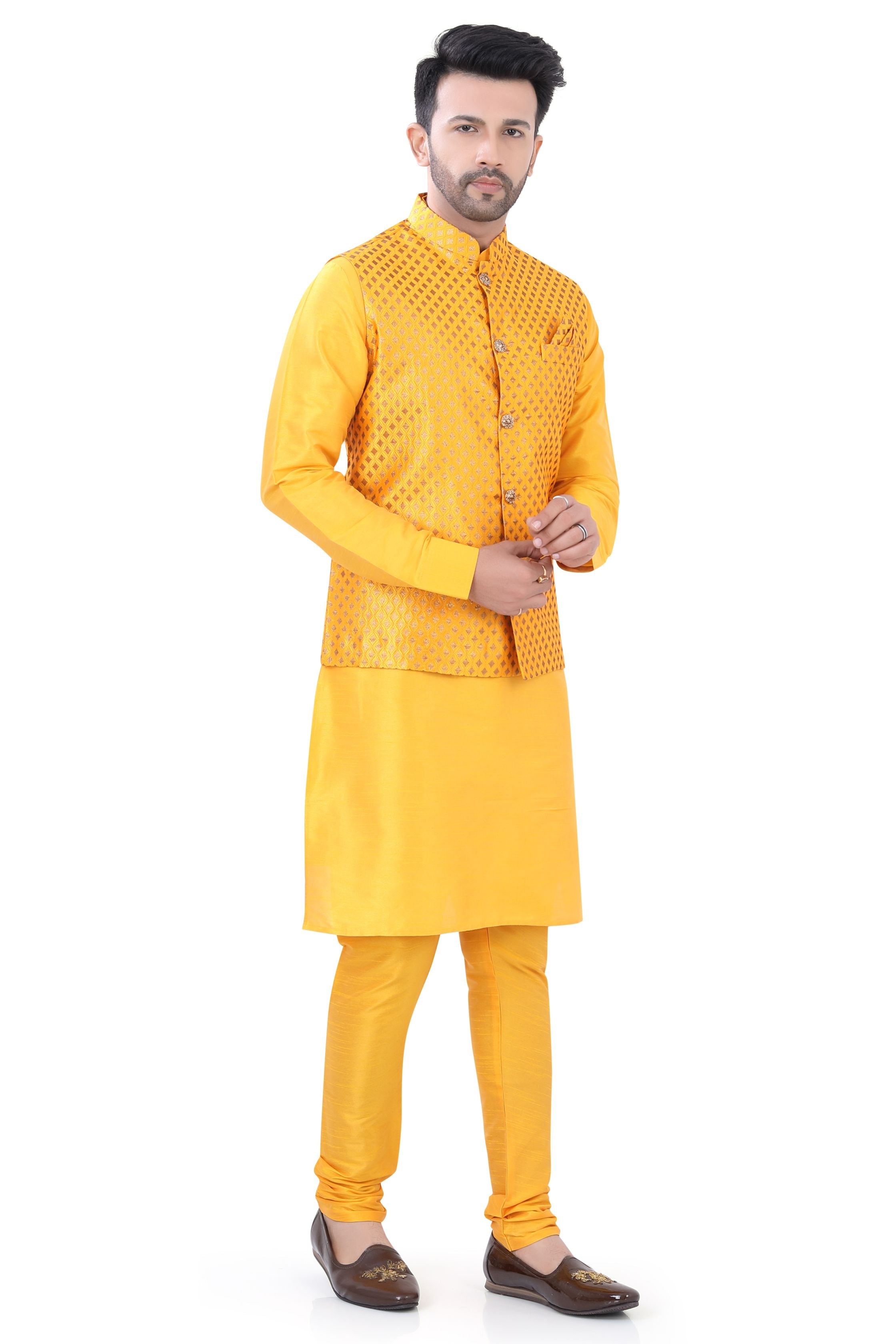 Banarasi Mustard Yellow 3 pieces Vest coat suit