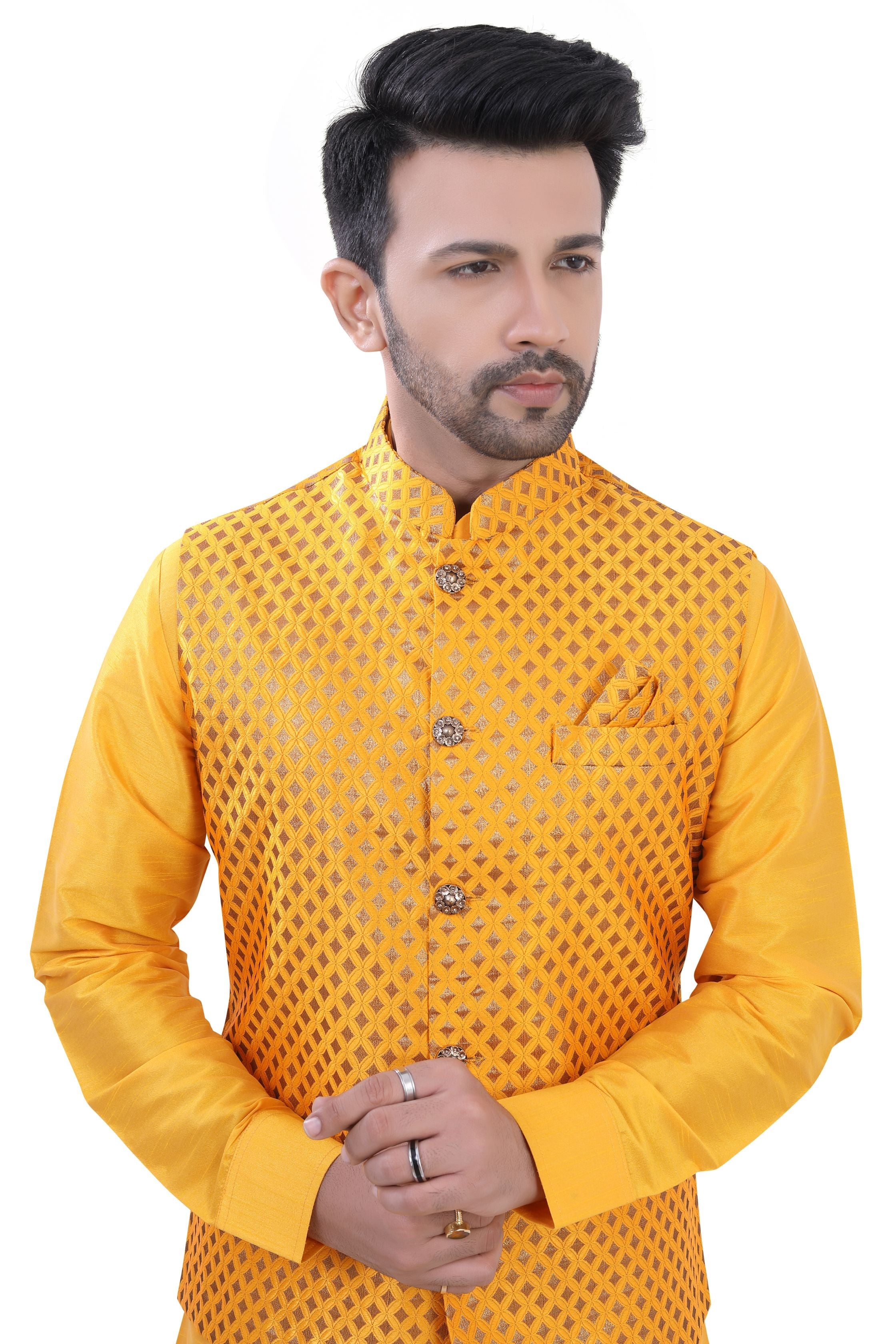 Banarasi Mustard Yellow 3 pieces Vest coat suit