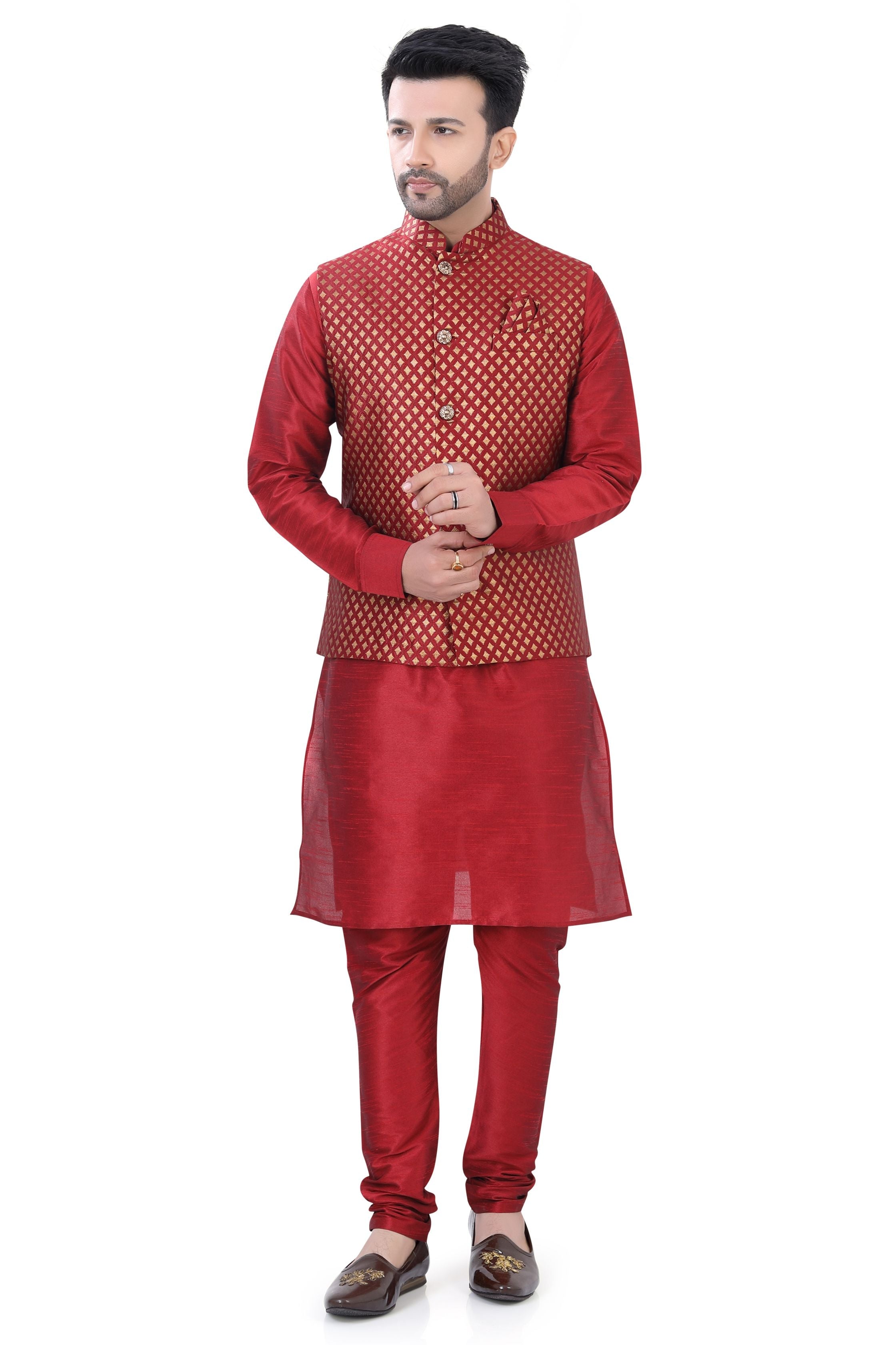 Banarasi Maroon 3 pieces Vest coat suit