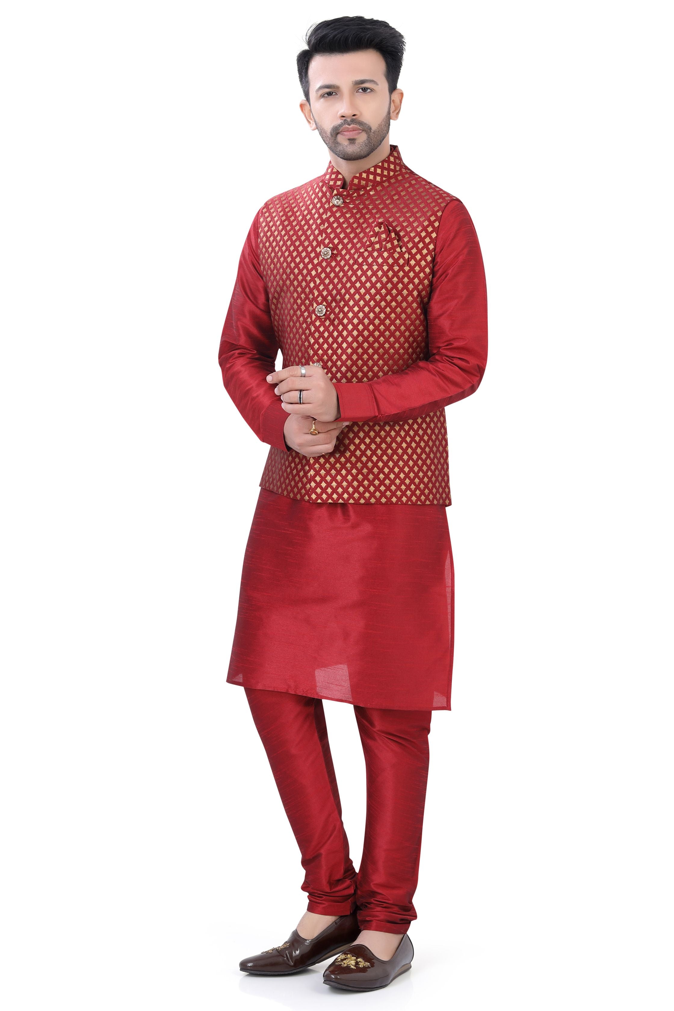 Banarasi Maroon 3 pieces Vest coat suit