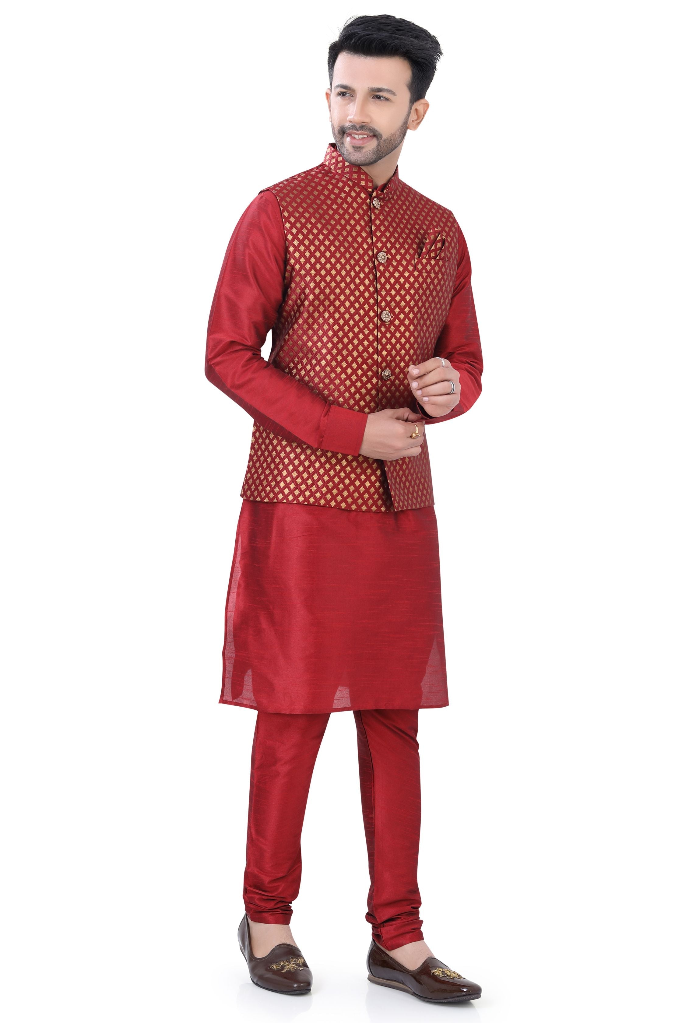 Banarasi Maroon 3 pieces Vest coat suit