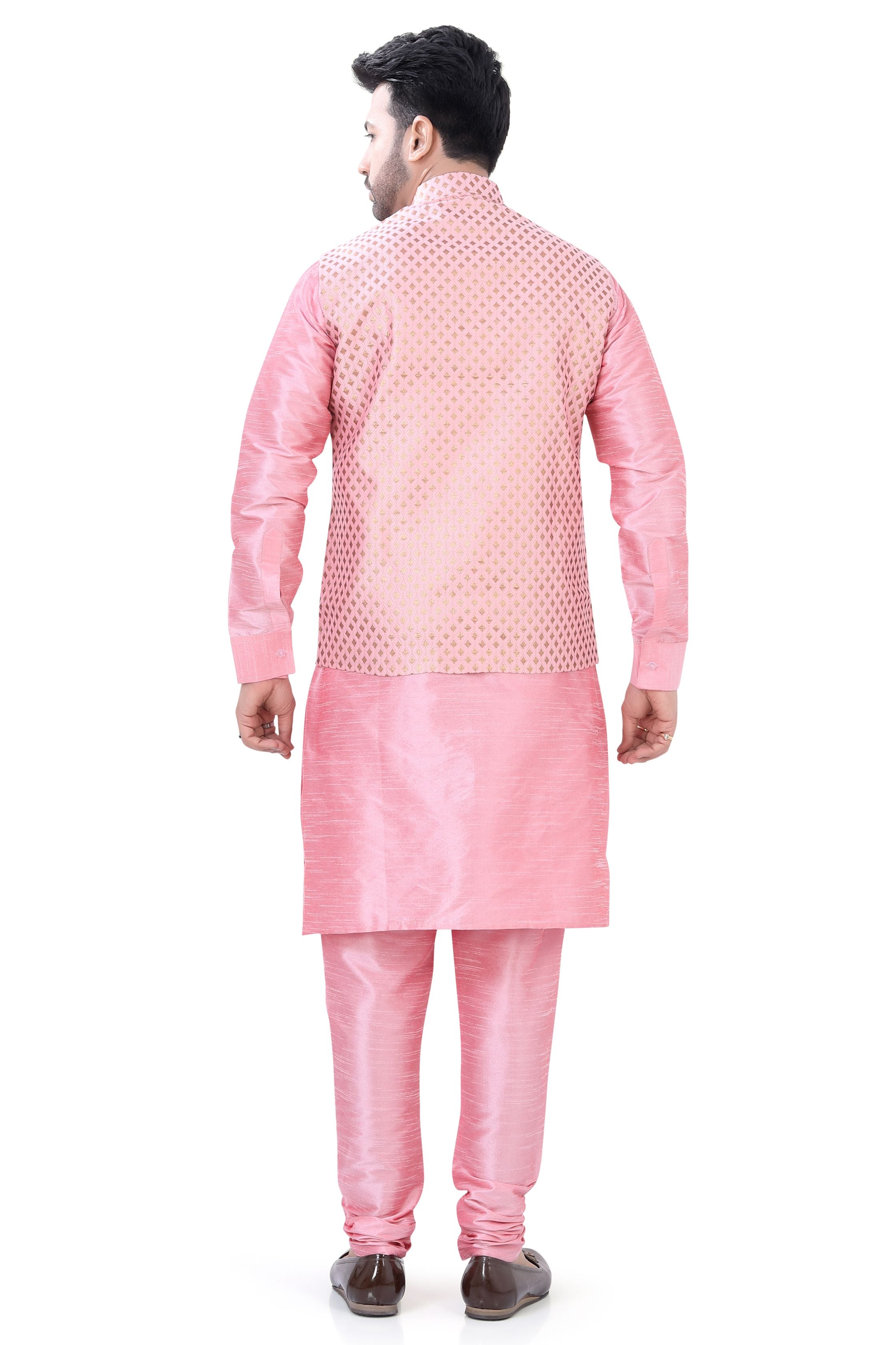 Baby Pink Color Banarasi Vest Coat with  Kurta Pajama set