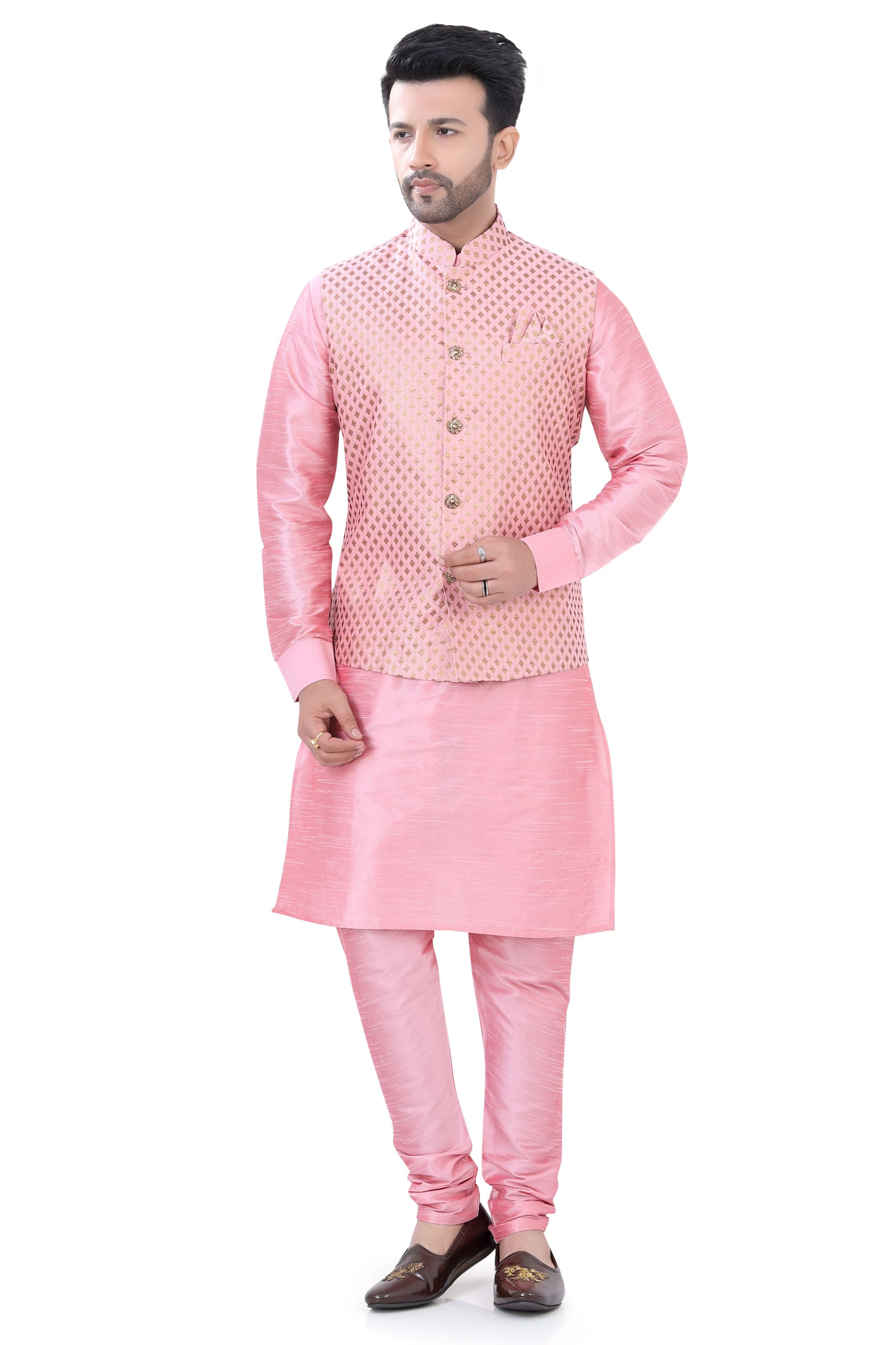 Baby Pink Color Banarasi Vest Coat with  Kurta Pajama set
