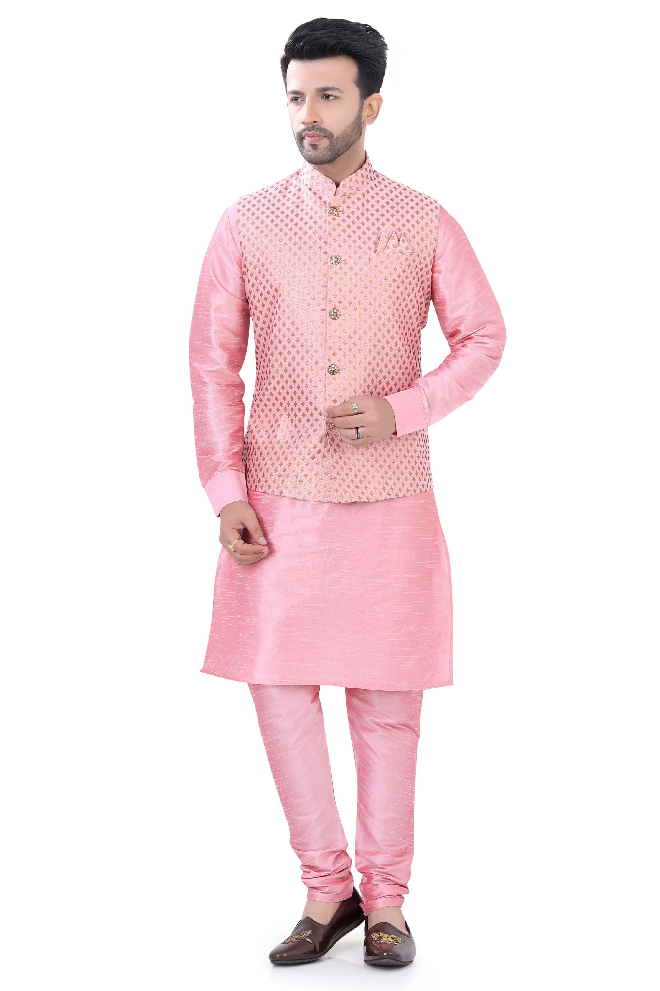 Pink Banarasi 3 pieces Vest coat suit