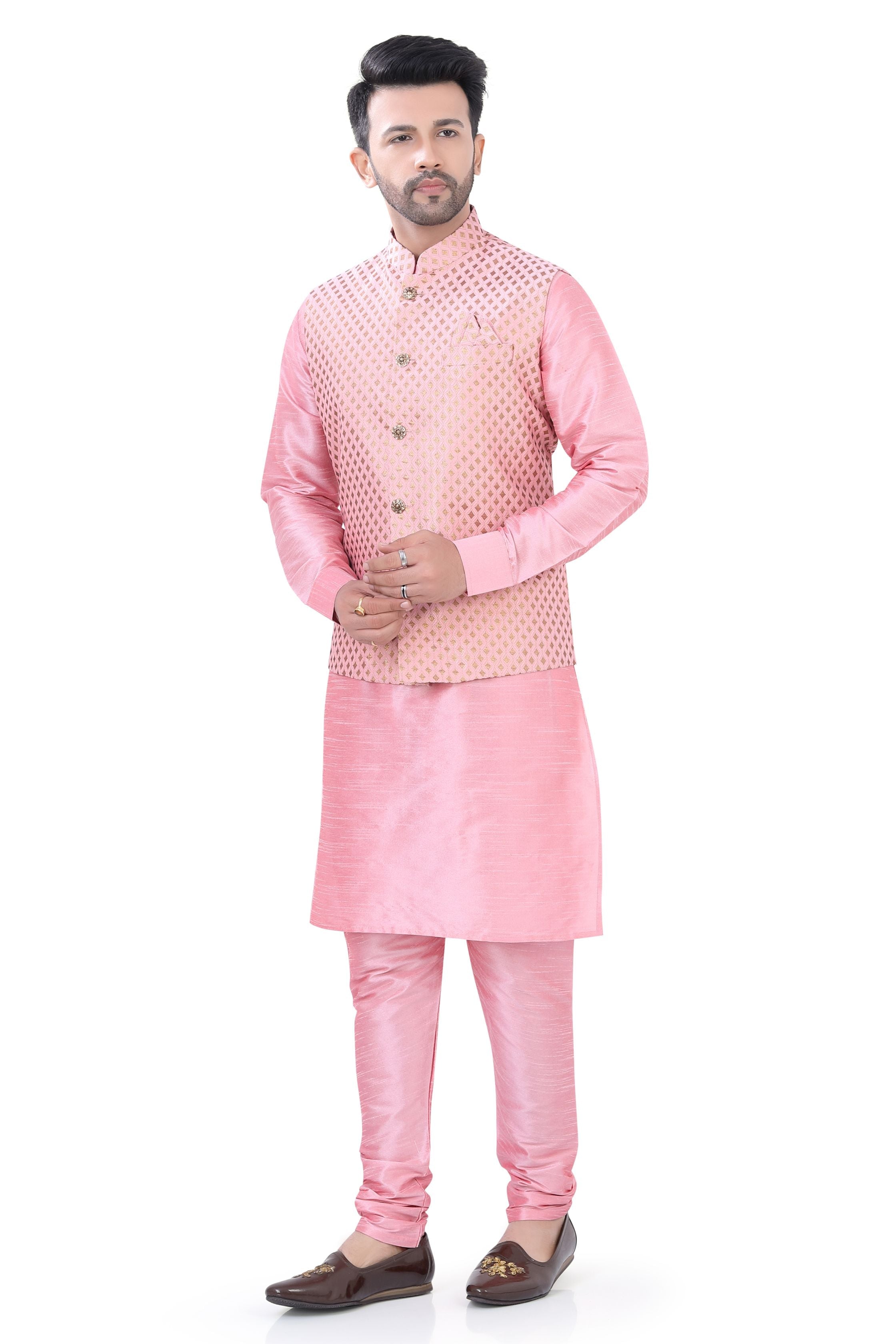 Baby Pink Color Banarasi Vest Coat with  Kurta Pajama set