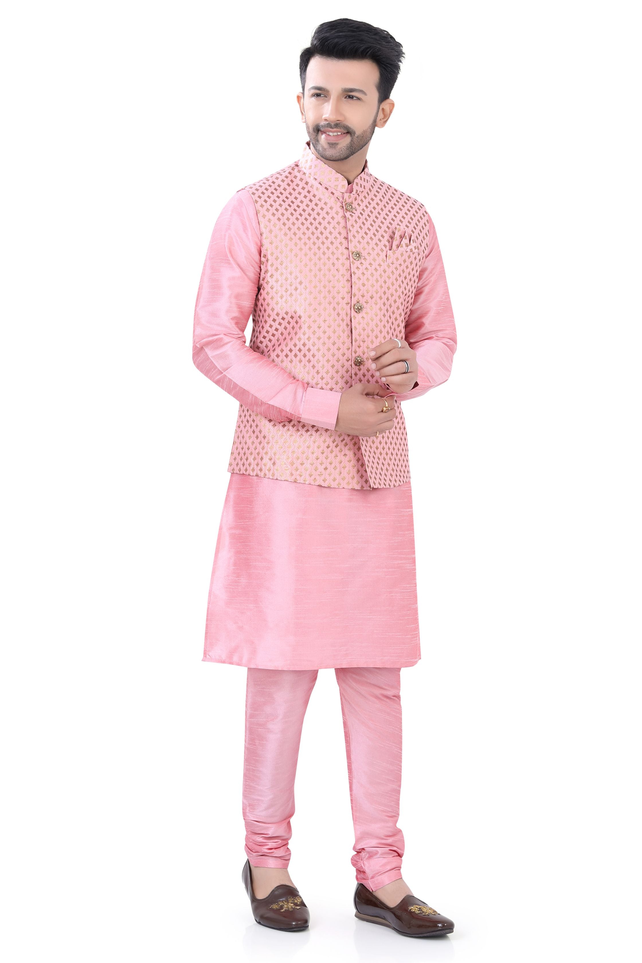 Baby Pink Color Banarasi Vest Coat with  Kurta Pajama set