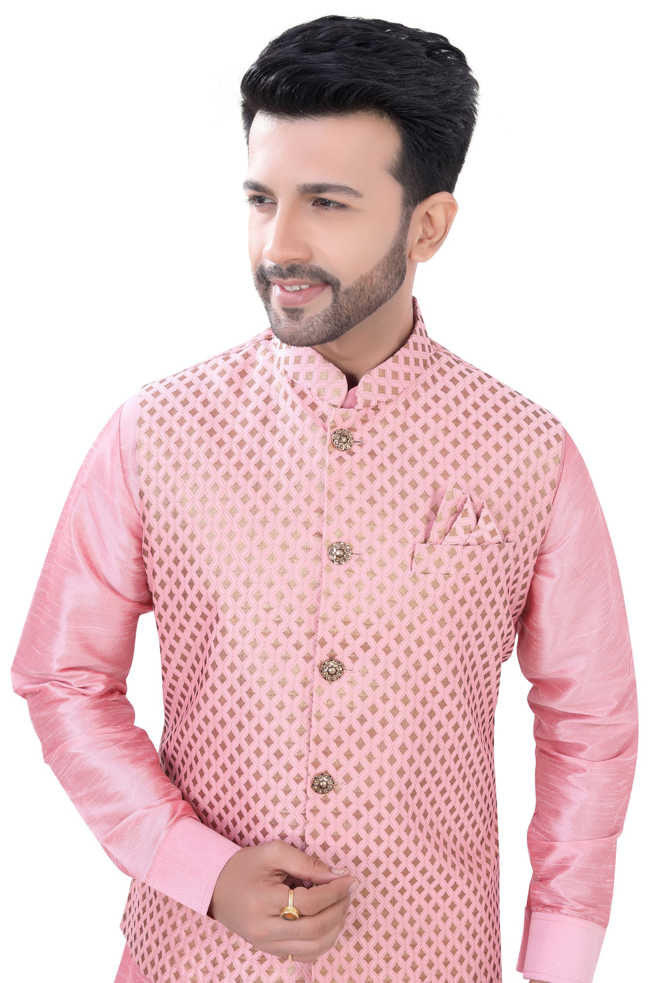 Baby Pink Color Banarasi Vest Coat with  Kurta Pajama set