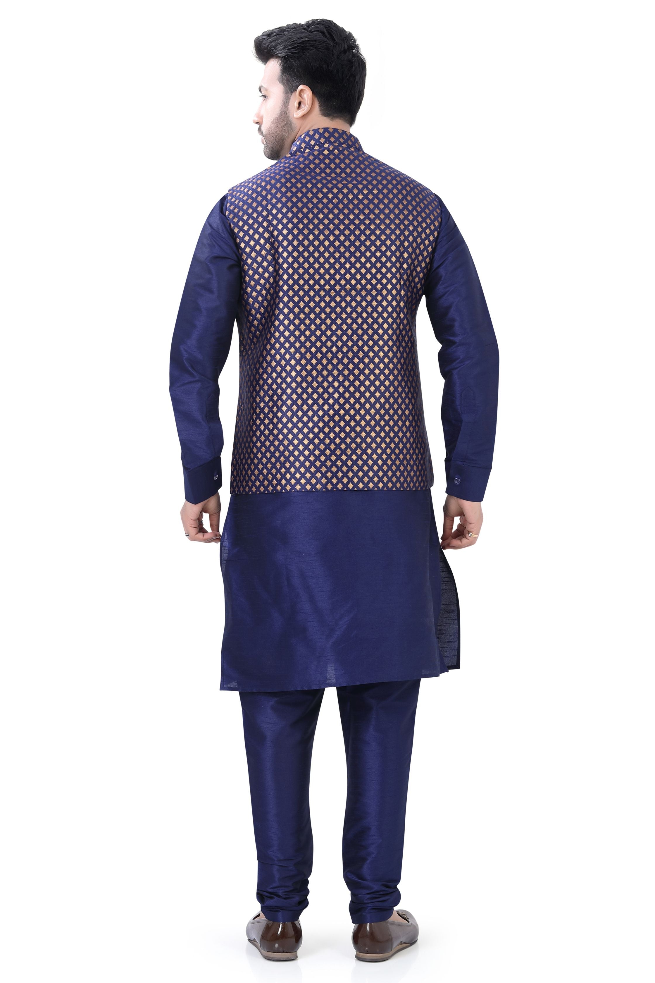 Navy Blue Color Banarasi Vest Coat with  Kurta Pajama set