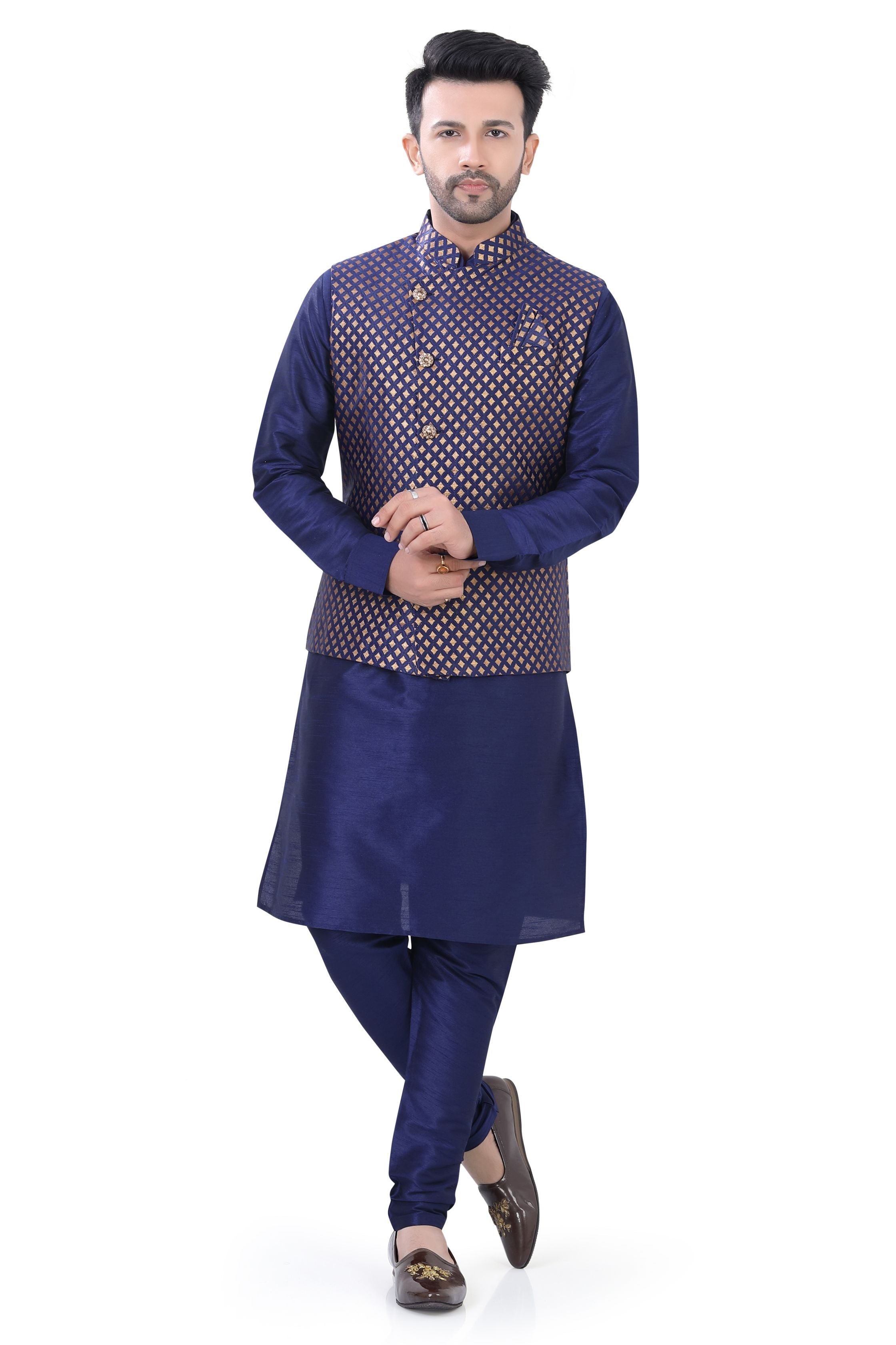 Navy Blue Color Banarasi Vest Coat with  Kurta Pajama set