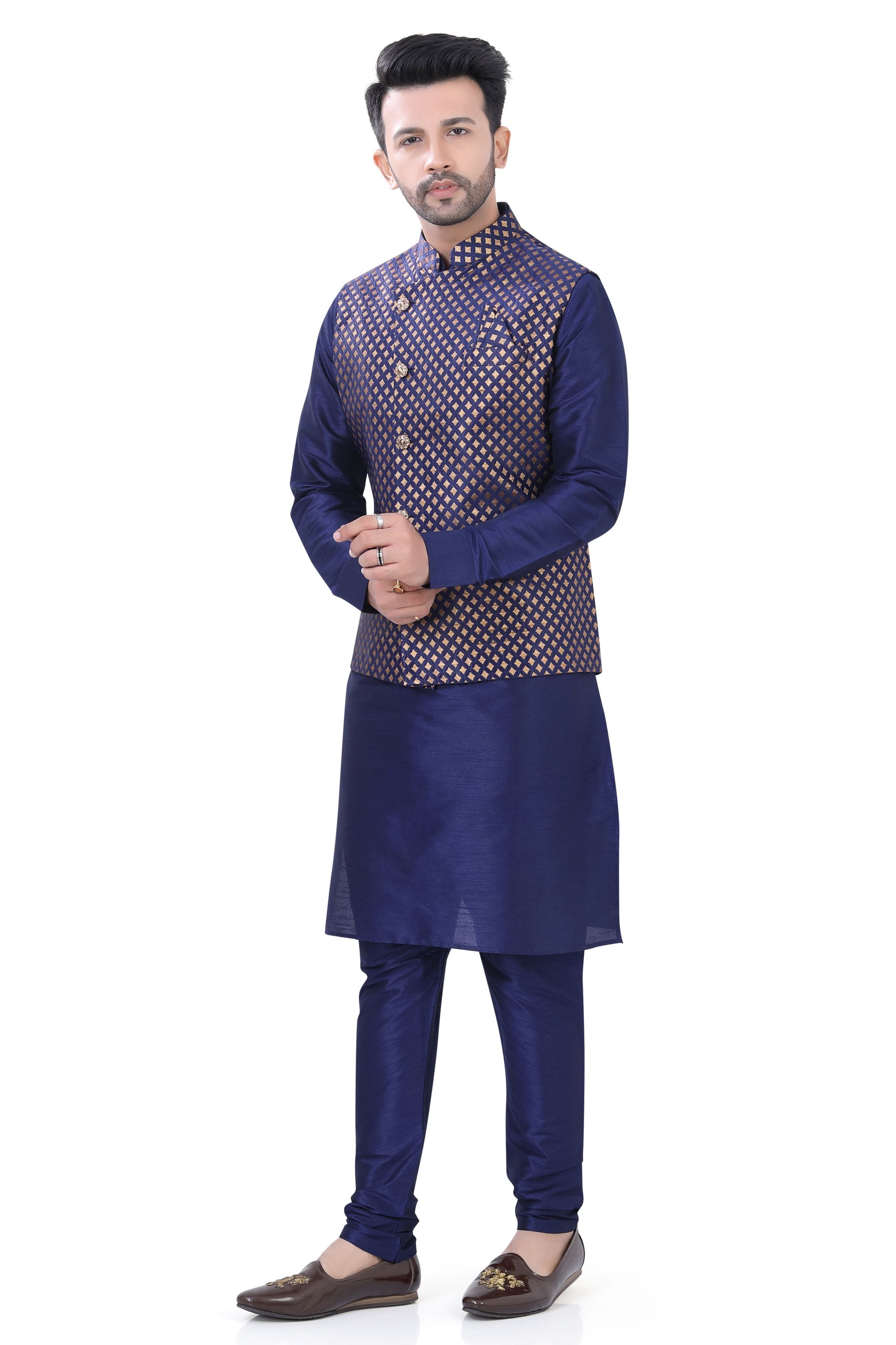 Navy Blue Color Banarasi Vest Coat with  Kurta Pajama set