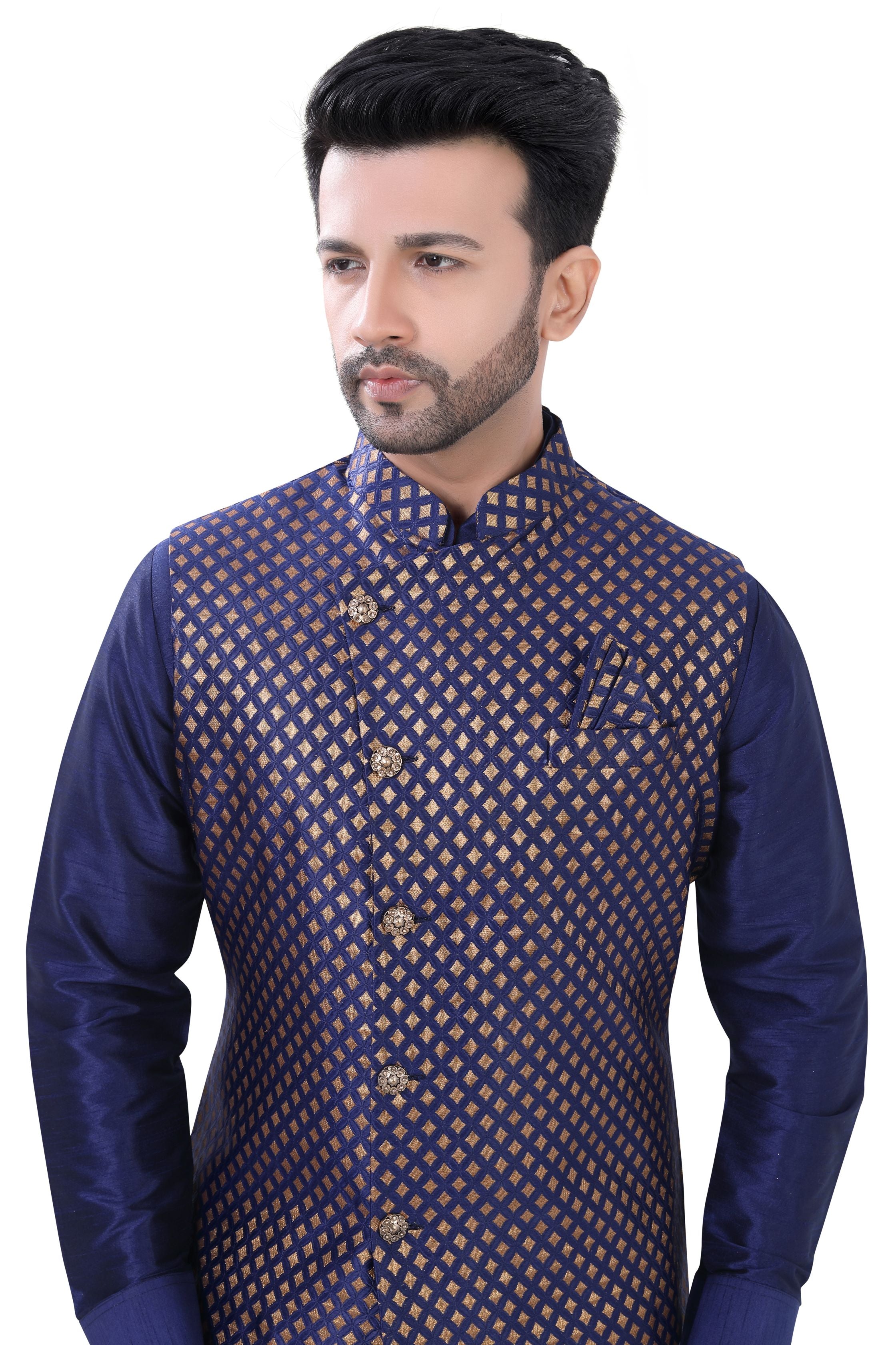 Navy Blue Color Banarasi Vest Coat with  Kurta Pajama set