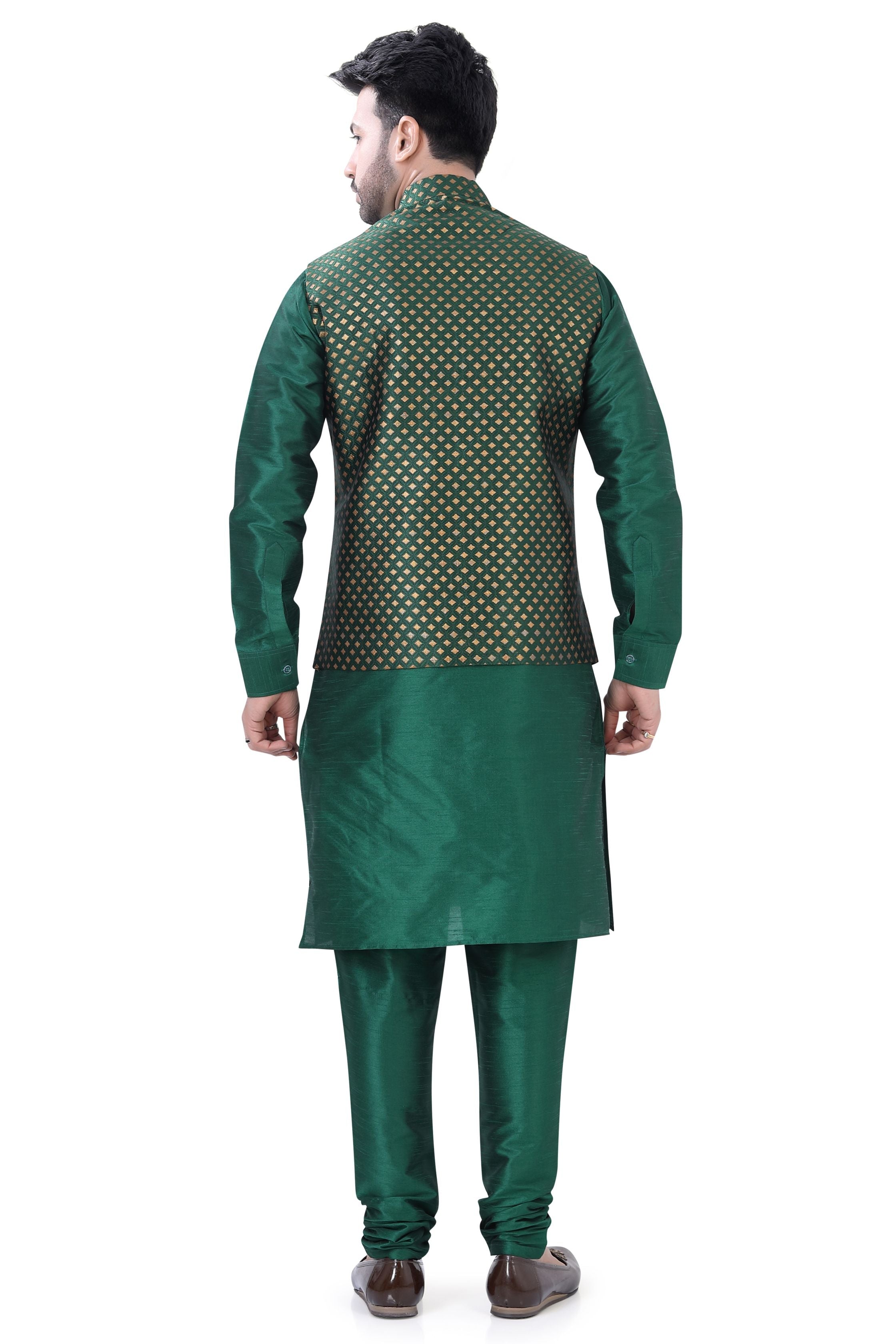 Bottle Green Color Banarasi Vest Coat with  Kurta Pajama set