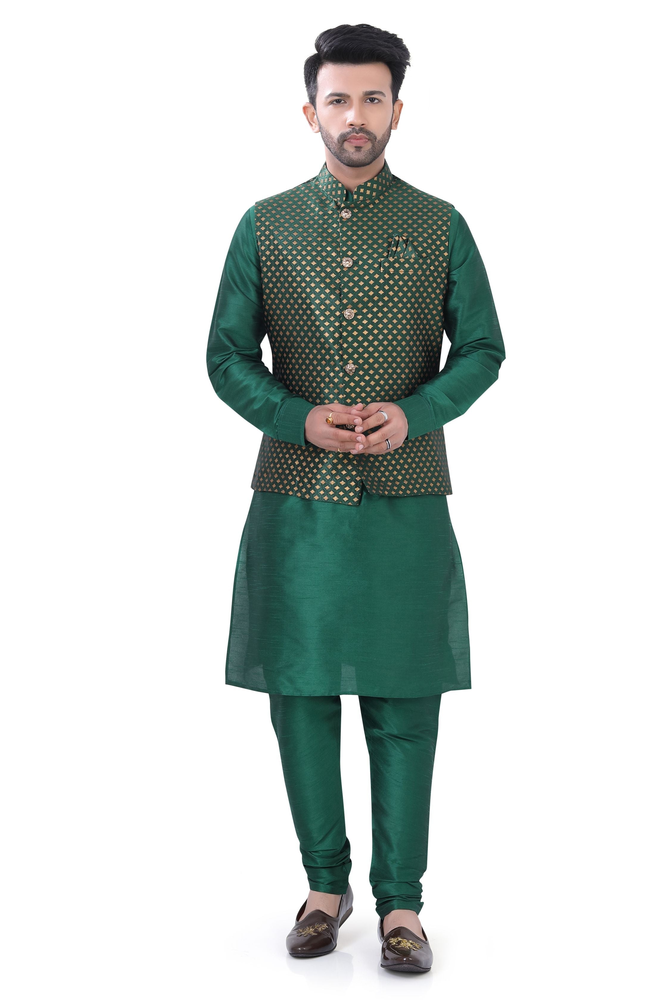 Bottle Green Color Banarasi Vest Coat with  Kurta Pajama set