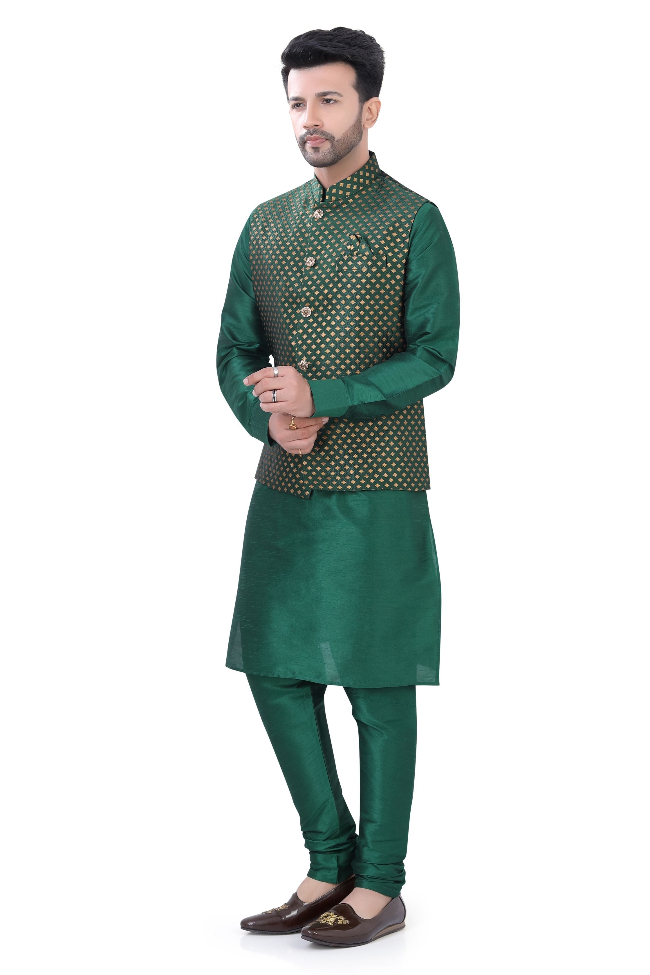 Bottle Green Color Banarasi Vest Coat with  Kurta Pajama set