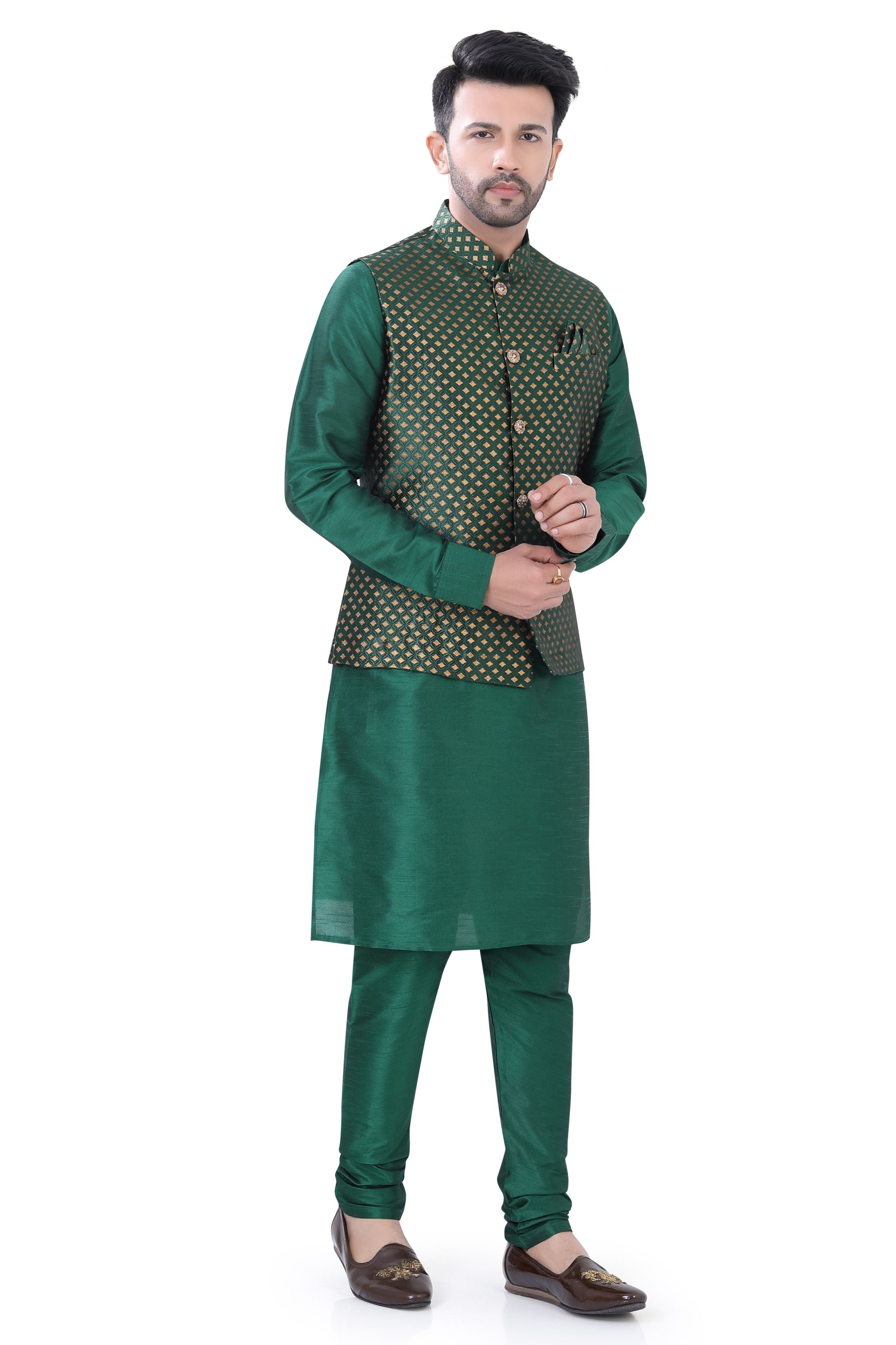 Bottle Green Color Banarasi Vest Coat with  Kurta Pajama set