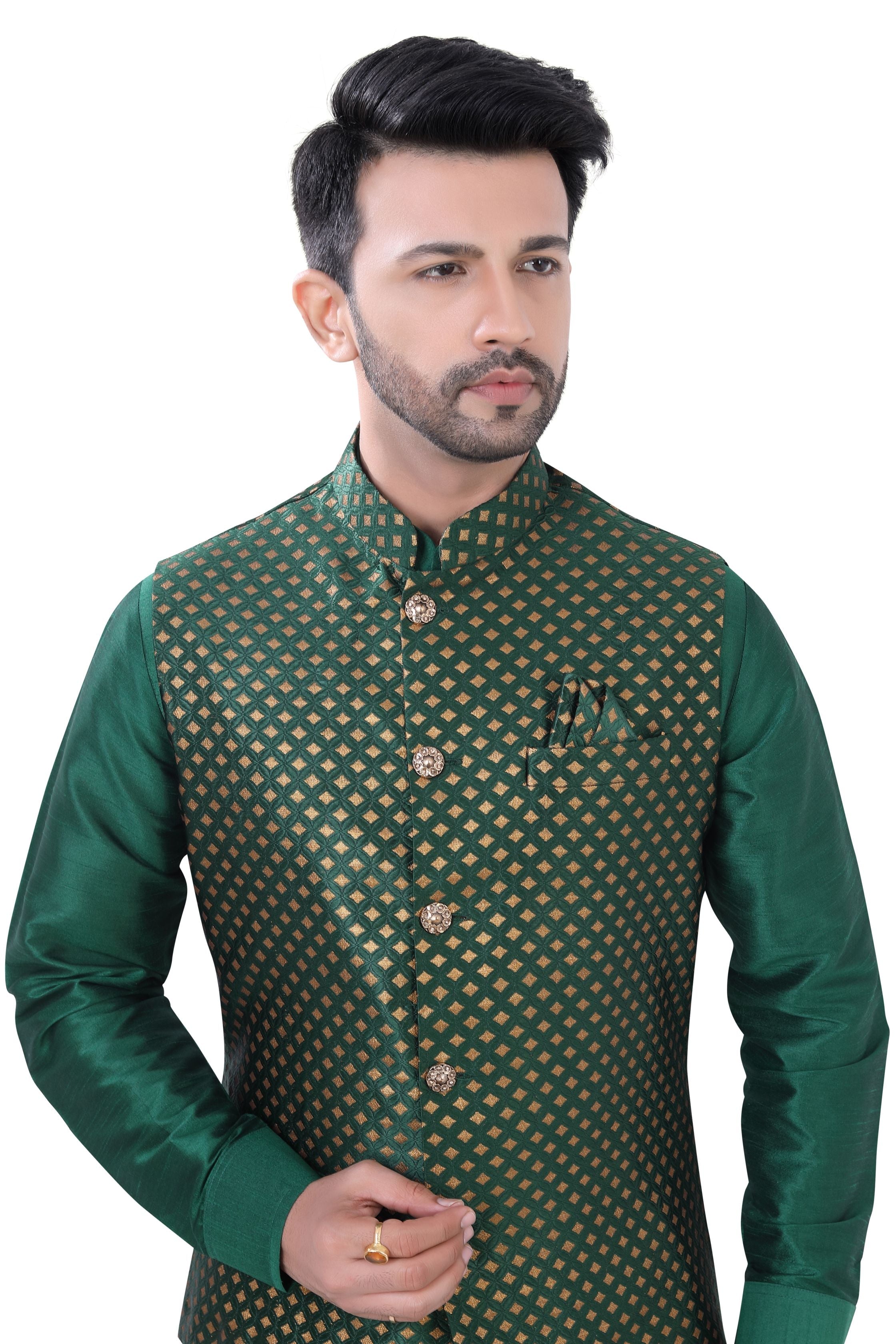 Bottle Green Color Banarasi Vest Coat with  Kurta Pajama set