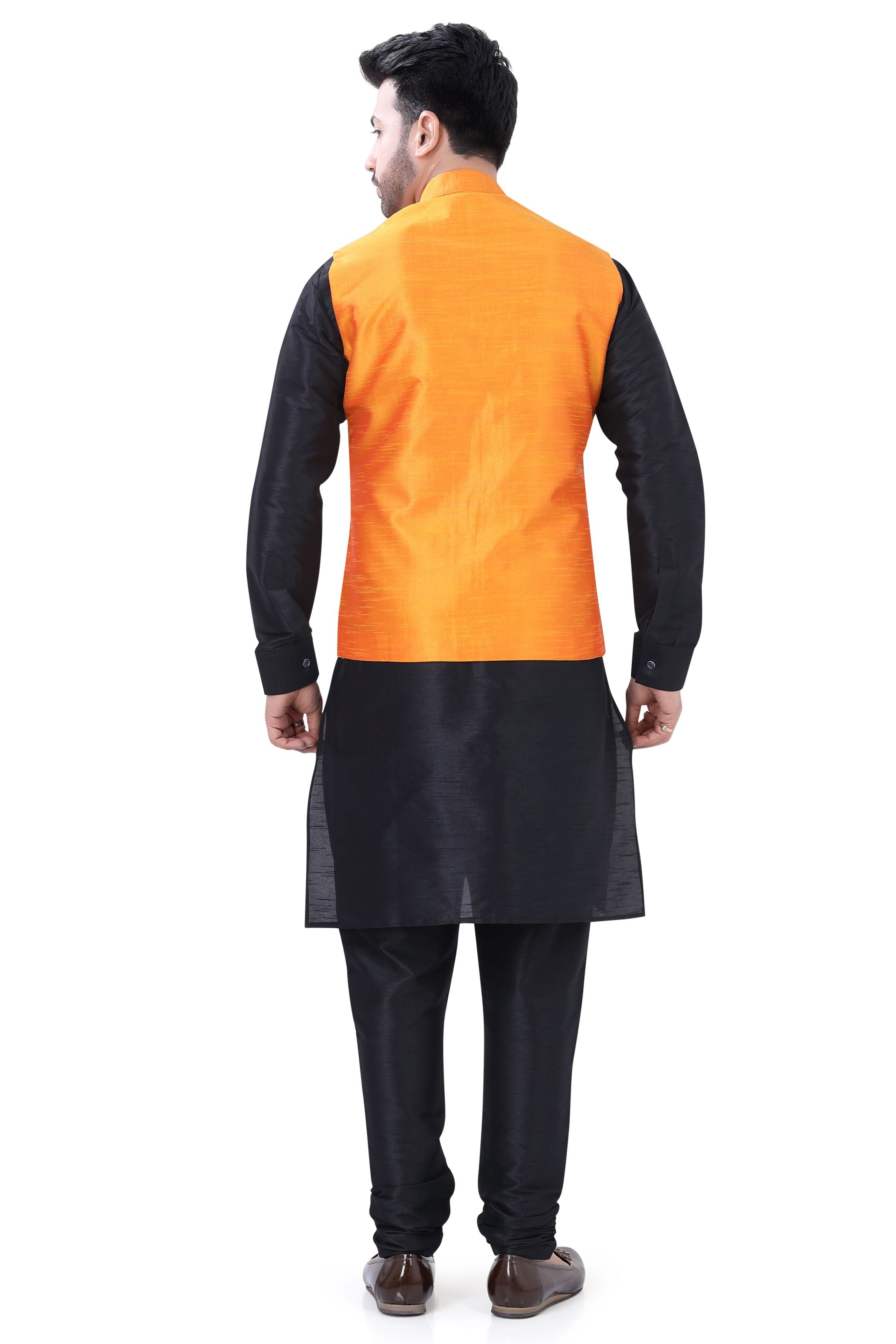 Orange Color Banarasi Vest Coat with   Black Kurta Pajama set