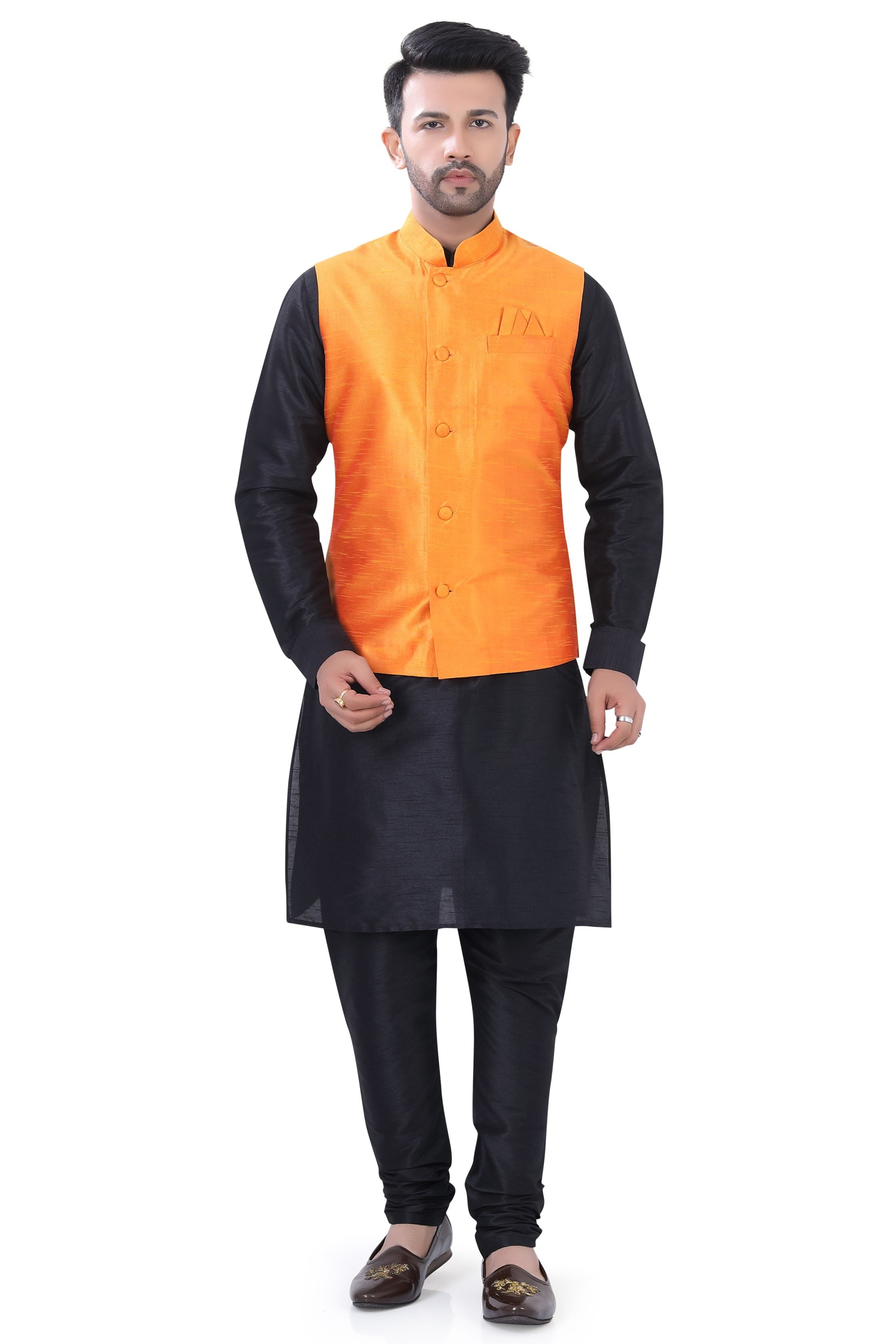 Orange Color Banarasi Vest Coat with   Black Kurta Pajama set