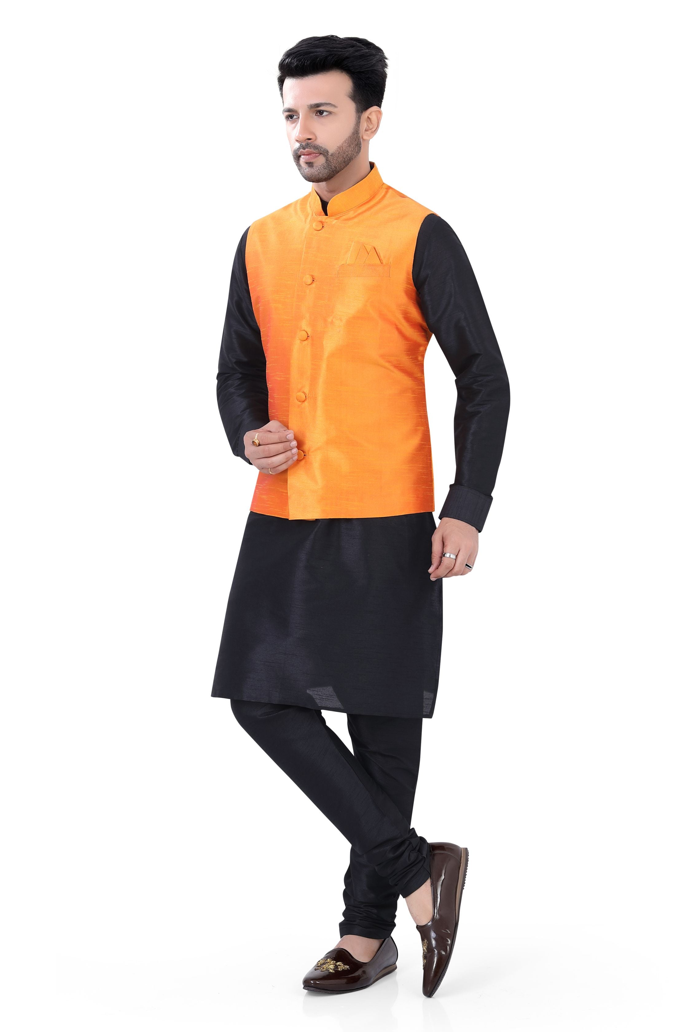 Orange Color Banarasi Vest Coat with   Black Kurta Pajama set